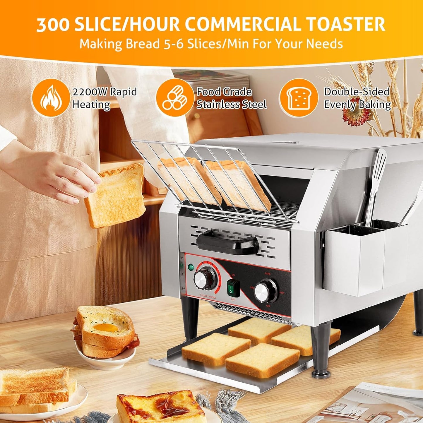 WICHEMI Commercial Toaster 300 Slices/Hour Commercial Conveyor Toaster Electric Stainless Steel Heavy Duty Toasters for Restaurant Bun Bagel Bread, 2200W