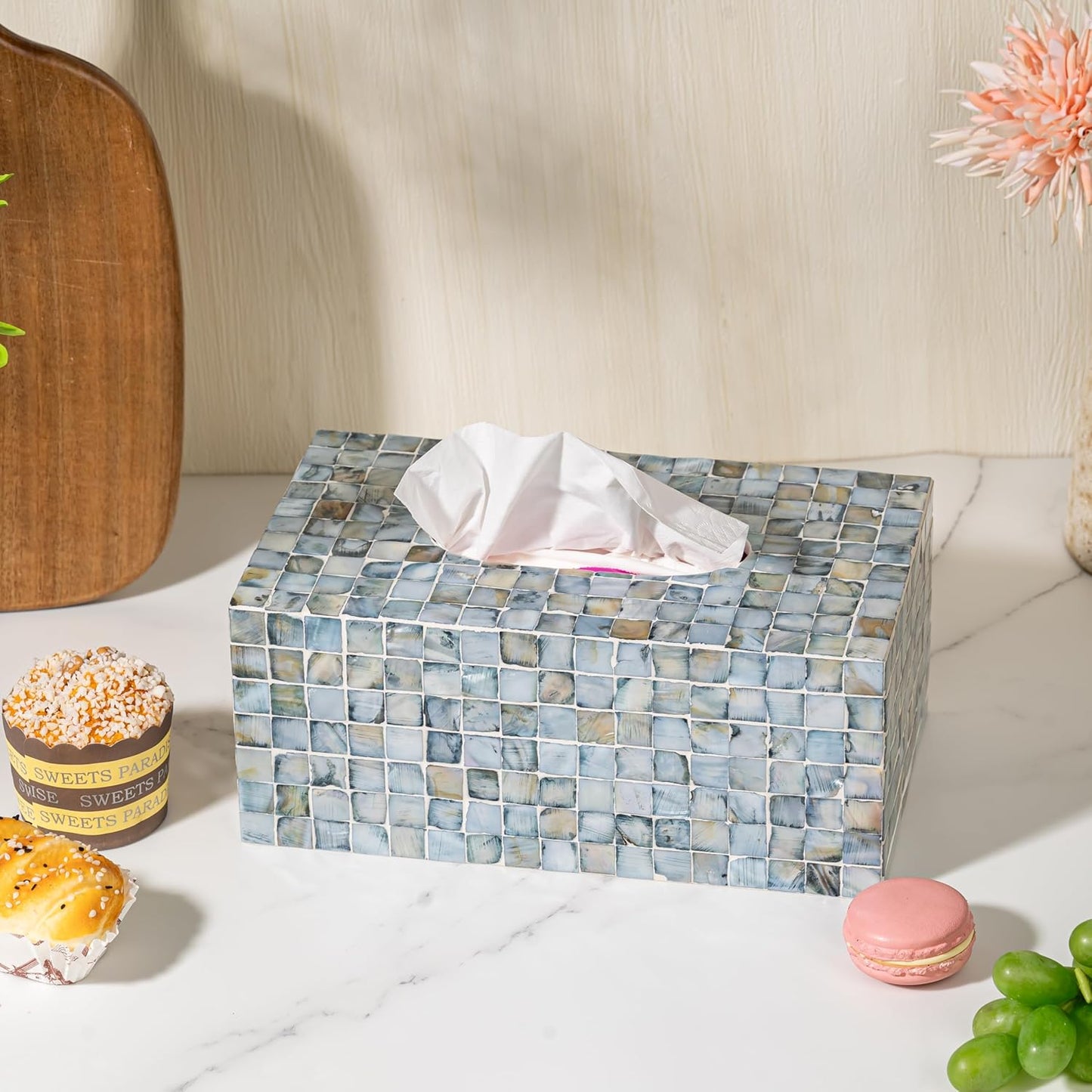 PEMAR Rectangular Mother of Pearl Tissue Box Capiz Shell Handmade Rectangle Tissue Box Cover Holder Decorative Napkin Dispenser Organizer Rustic Farmhouse Vintage Decor (Blue)