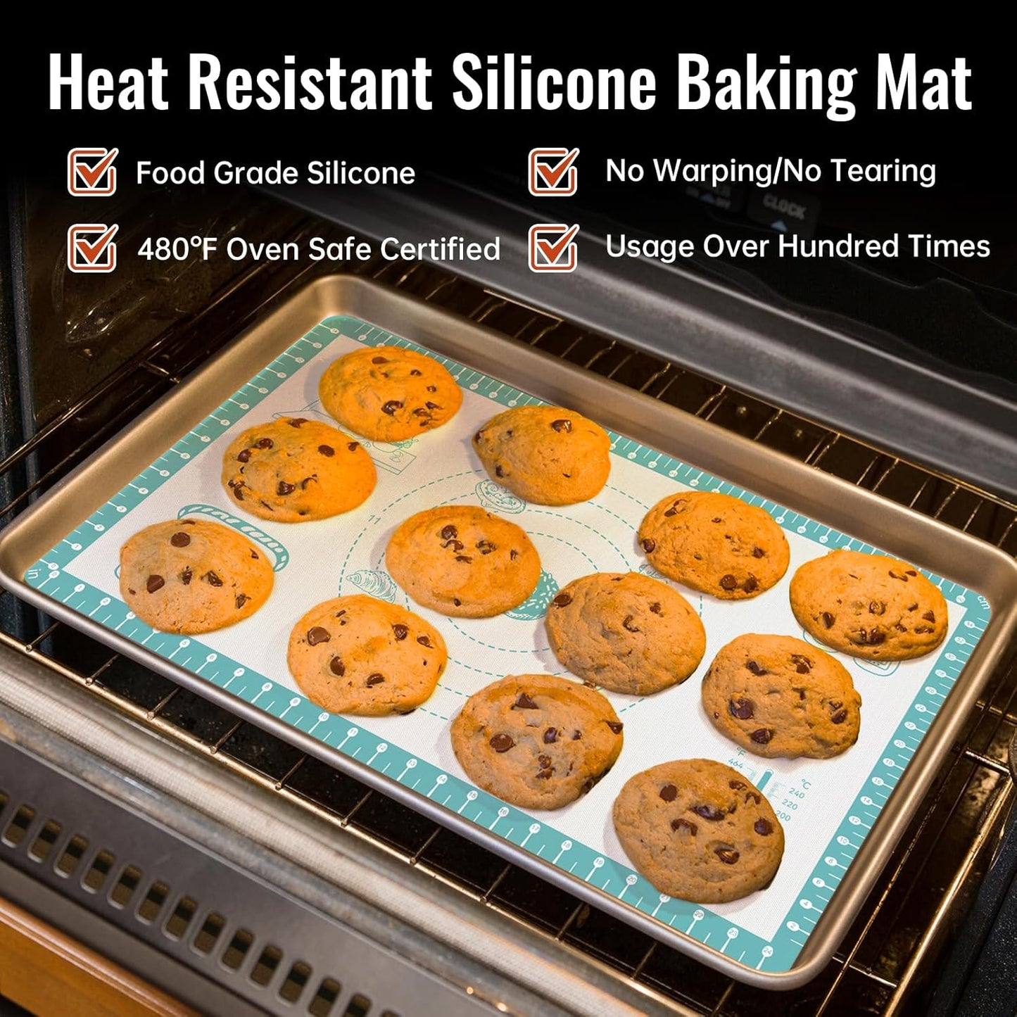 Non Stick Pastry Mat with 10 Quick Recipes, Silicone Dough Mat for Rolling, Silicone Mat for Baking Macaron, Cookie, Bread, Pizza,Surdough, Fondant Mat for Kitchen, Extra Large and Oven Safe