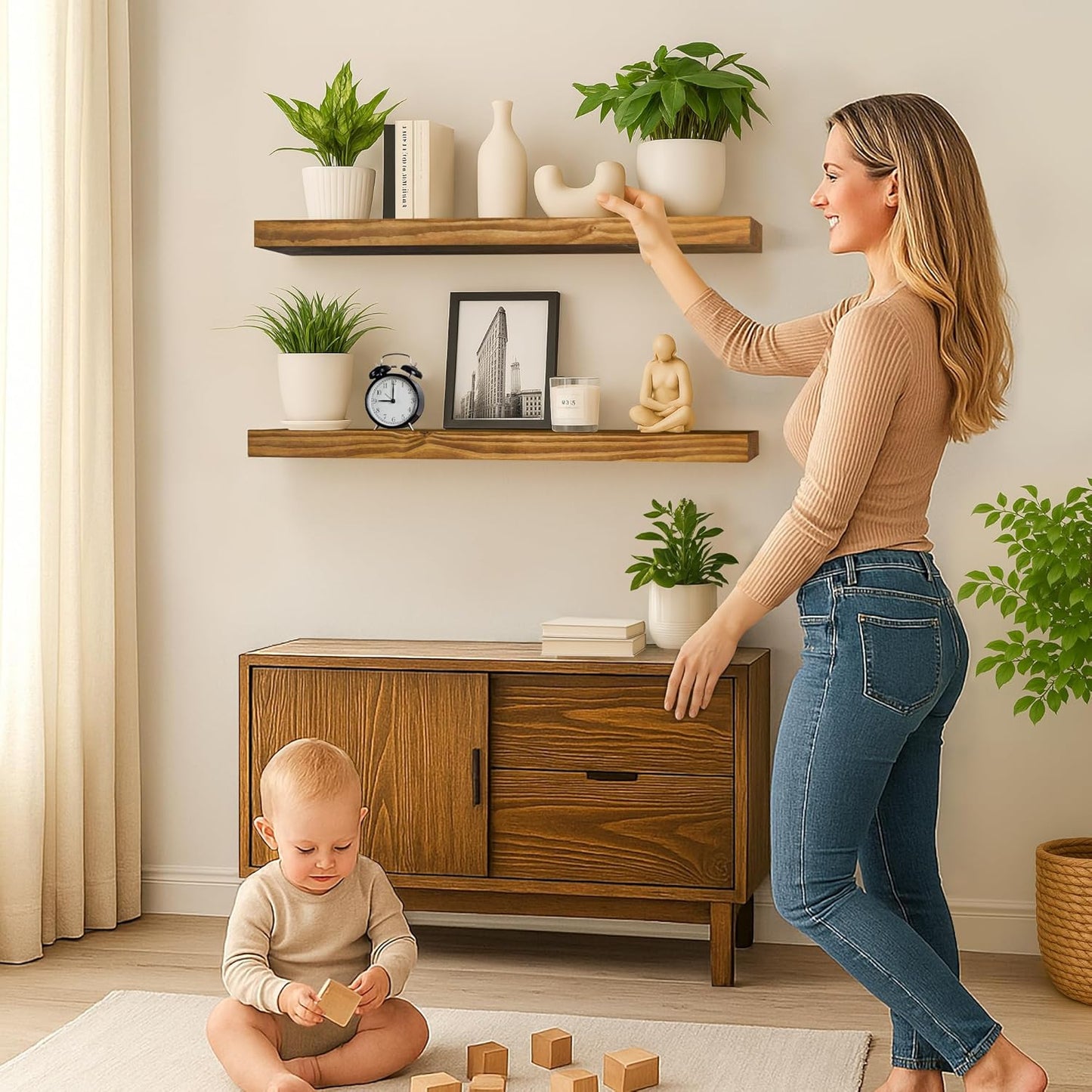 Rustic Floating Shelves 36 inch Long 8 inch deep Set of 2, Solid Wood Wall Shelves for Bedroom Living Room Kitchen,Book Shelf for Wall, Wall Mounted Shelves with Hidden Bracket- Gold Oak