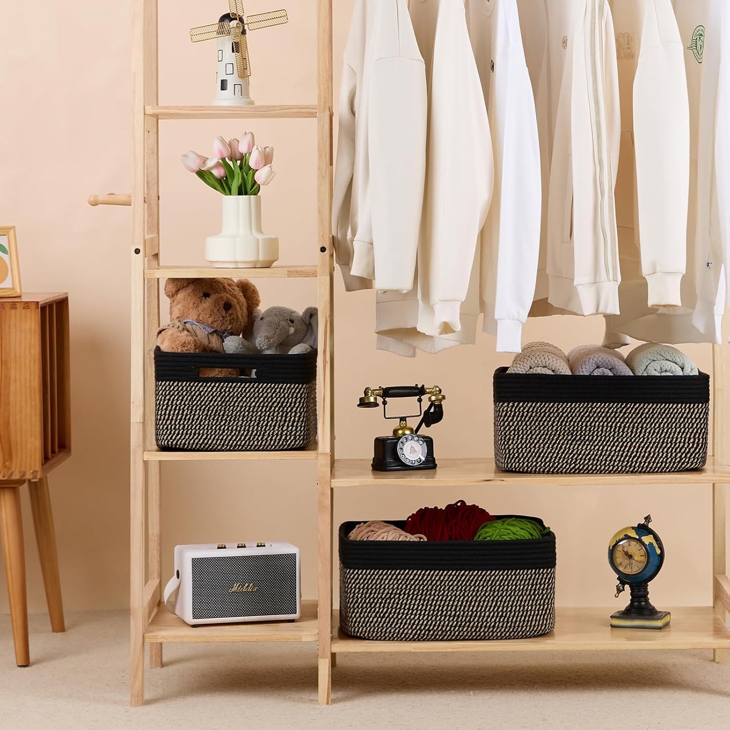 Large Storage Baskets for Shelves, Closet Organizers Bins for Clothes Blanket Towels, Baby Nursery, Toy Baskets Box, Woven Rope Baskets, 17 x 13 x 7.5”, 3 Packs Woven Brown