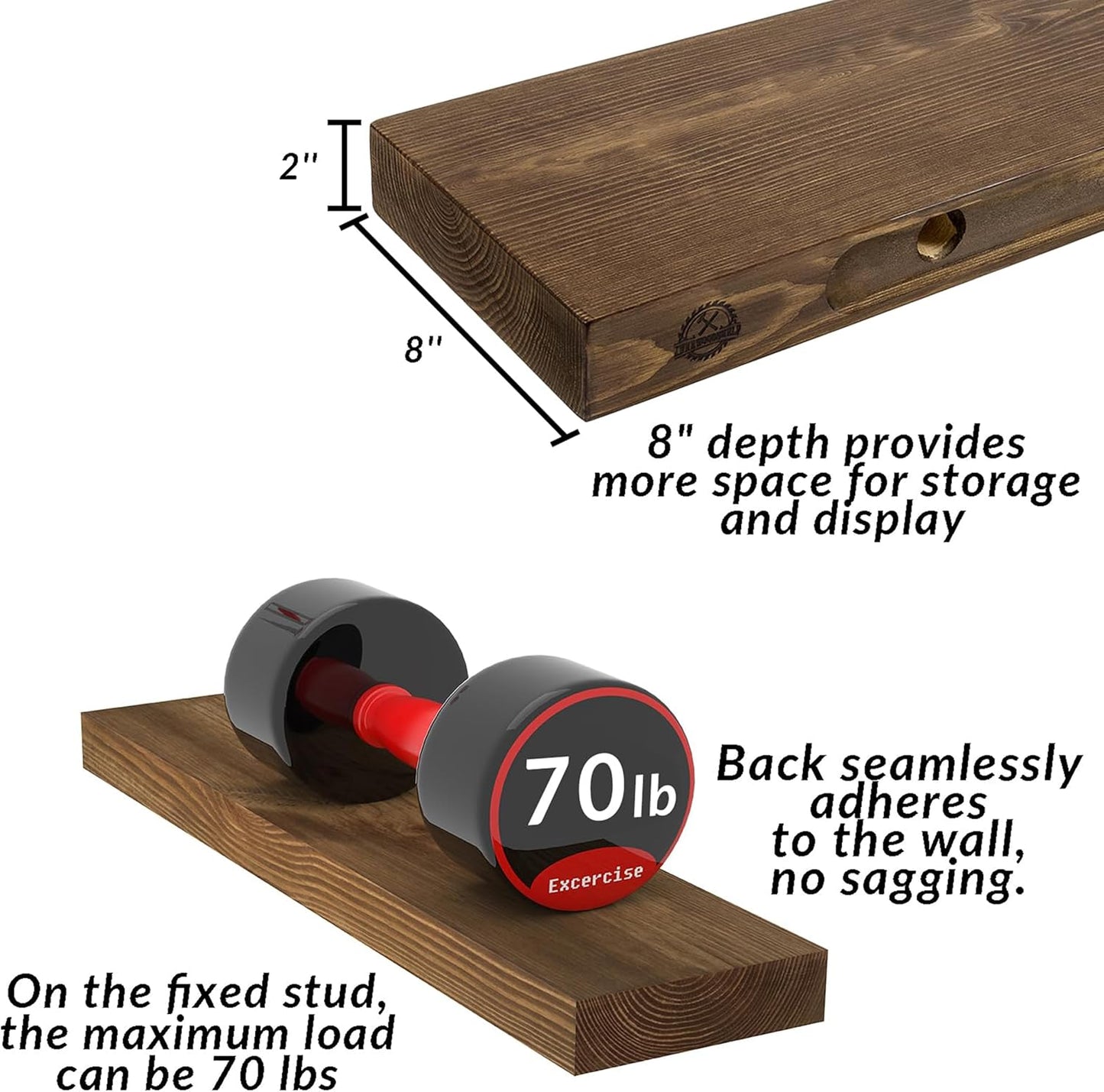 Rustic Floating Shelves 36 inch Long 8 inch deep Set of 2, Solid Wood Wall Shelves for Bedroom Living Room Kitchen,Book Shelf for Wall, Wall Mounted Shelves with Hidden Bracket- Walnut