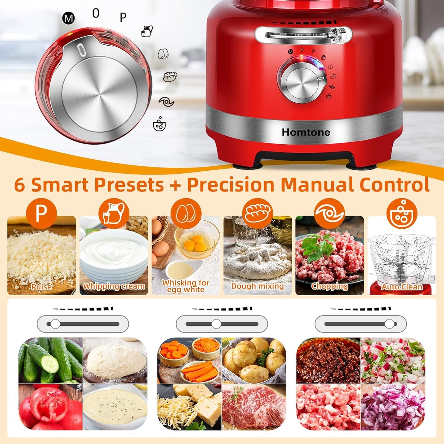 Homtone 16 Cup Food Processor, 6 Preset Modes& Stepless Speed Control for Dough Kneading, Meat Chopping, Slicing, Shredding, French Fries Potato Cuting, Cheese Grating& Whipping Cream, 650W, Red