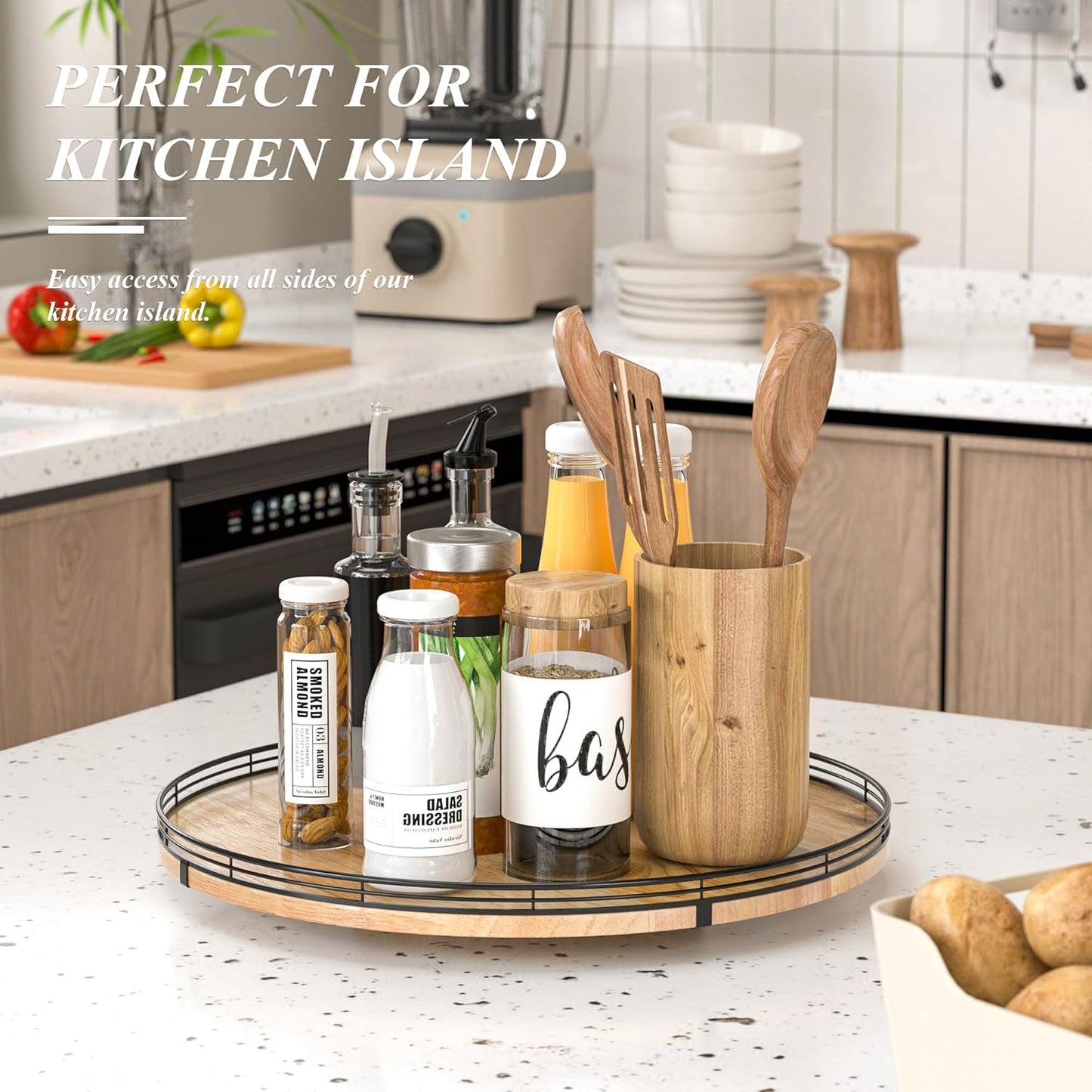 18" Lazy Susan Oak Wood Turntable Organizer for Cabinet, Farmhouse Round Wooden Large Lazy Susan Organization and Storage for Dining Table, Pantry, Kitchen, Countertop, Cupboard, Home Decor