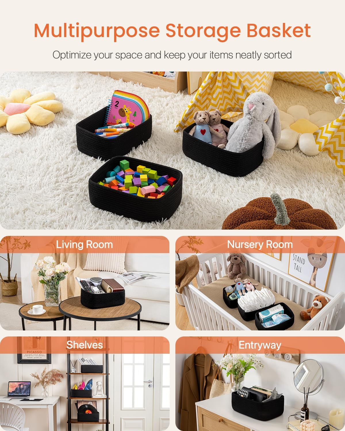 Small Woven Basket, 12 x 8 x 4.5 Inches, Storage Basket for Organizing, Cute Small Rope Shelf Closet Cube Storage Bins Baskets for Shelves, Dog Toy Gift Baskets Empty, 3 Packs, Black