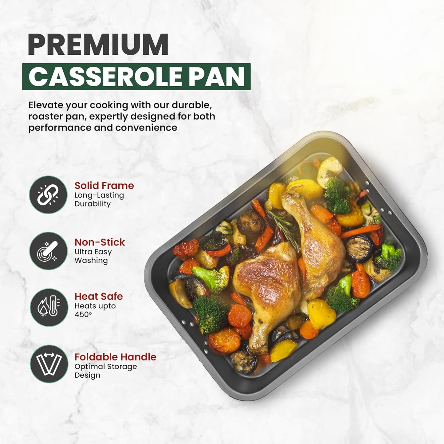 Large Lasagna Pan 12” x 16” - Heavy-Duty Nonstick Casserole Dishes for Oven - Convenient Deep Lasagna Baking Dish With Foldable Handles - Casserole Dish Is Dishwasher Safe and Perfect for Any Meal