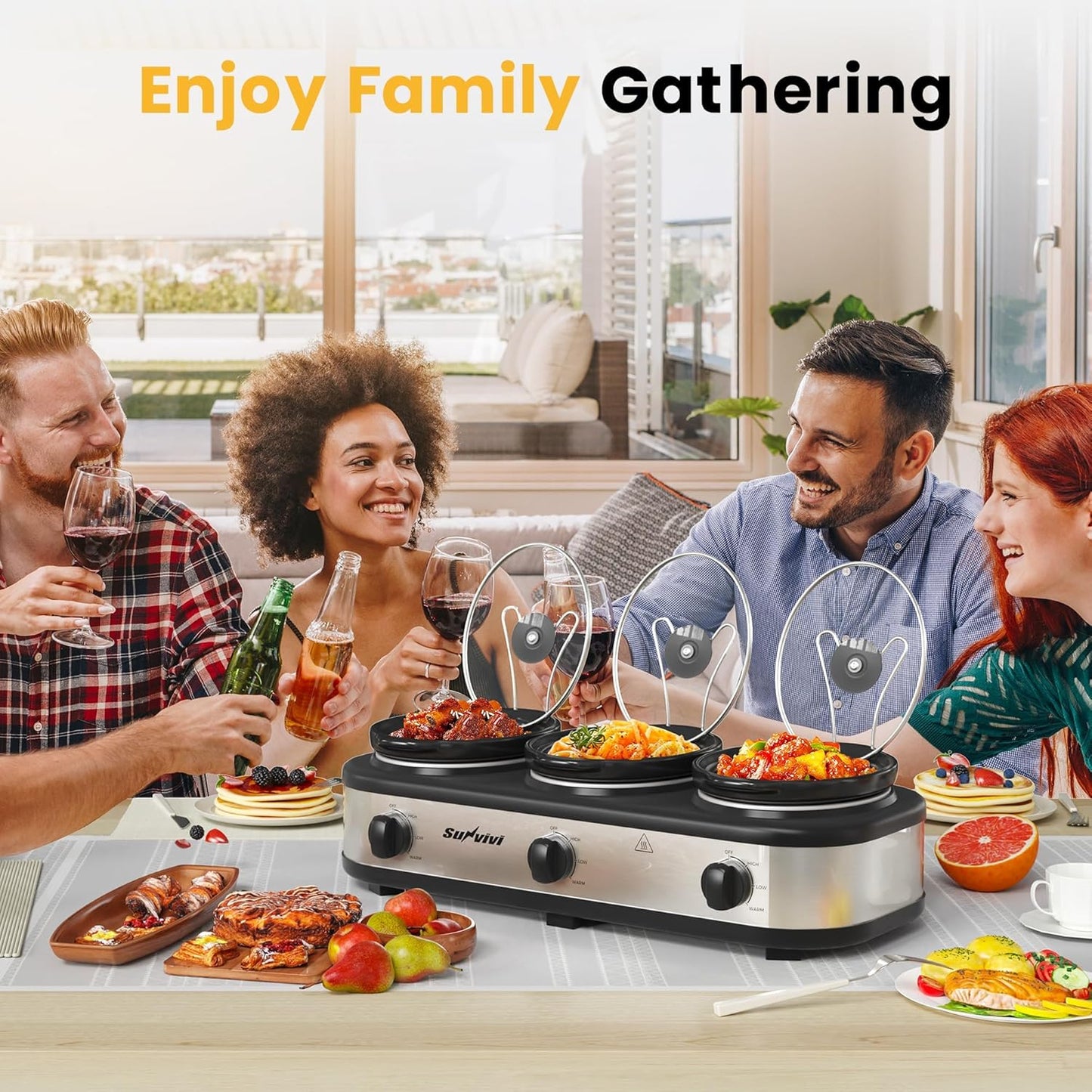 Sunvivi Triple Slow Cooker, Buffet Server and Food Warmer, Small Mini Pot with 3 Adjustable Temp & 3 Visible Glass Lids, for Parties, Holidays and Entertaining, Stainless Steel, 3 * 1.5 Quarts