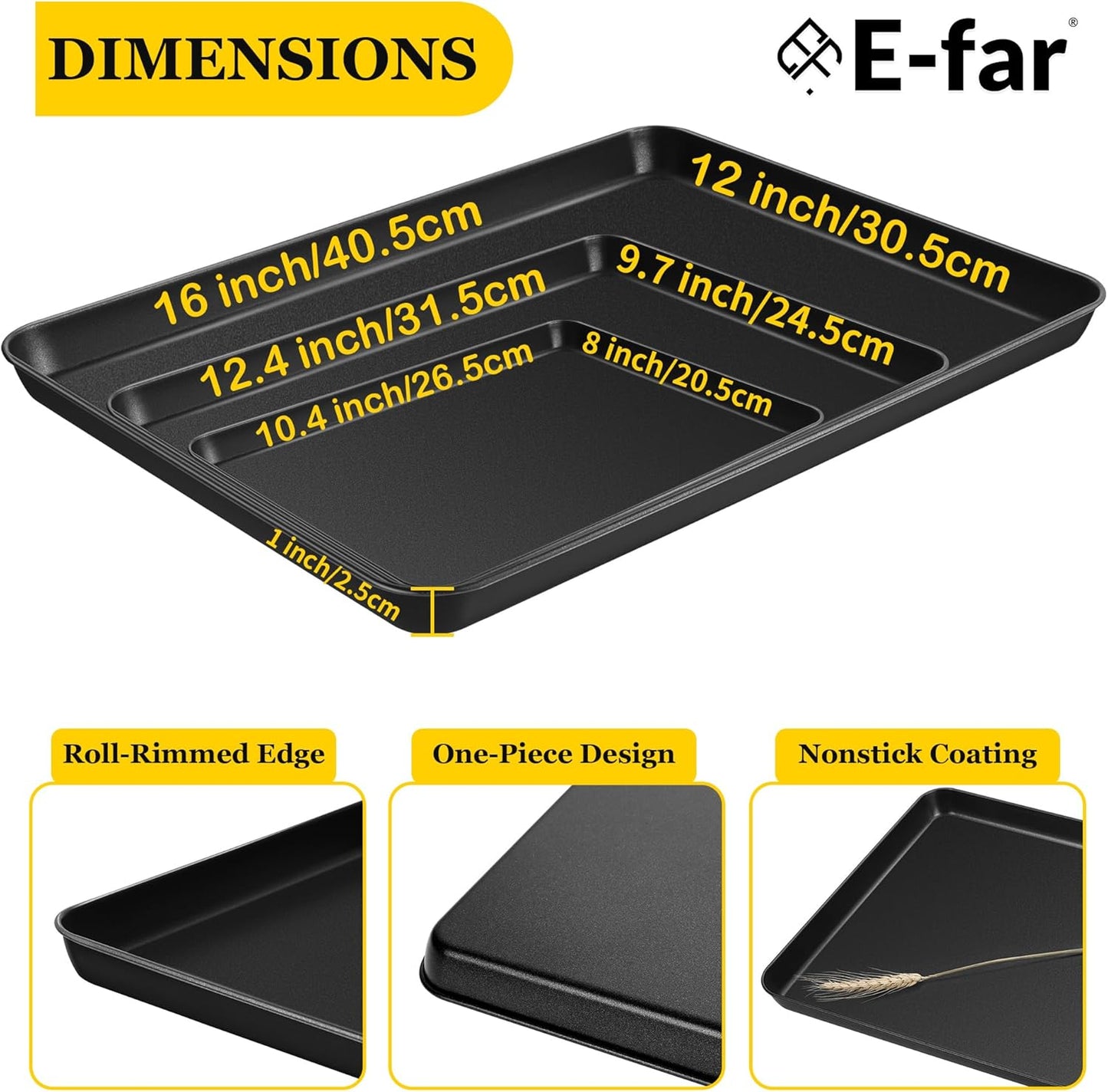 E-far Cookie Baking Sheet Set of 3, Nonstick Metal Sheets Pans Jellyroll Trays for Oven, Large/Medium/Small (16/12.4/10.4”) No-toxic Rectangle Bakeware for Baking Cake Bread, Easy Clean