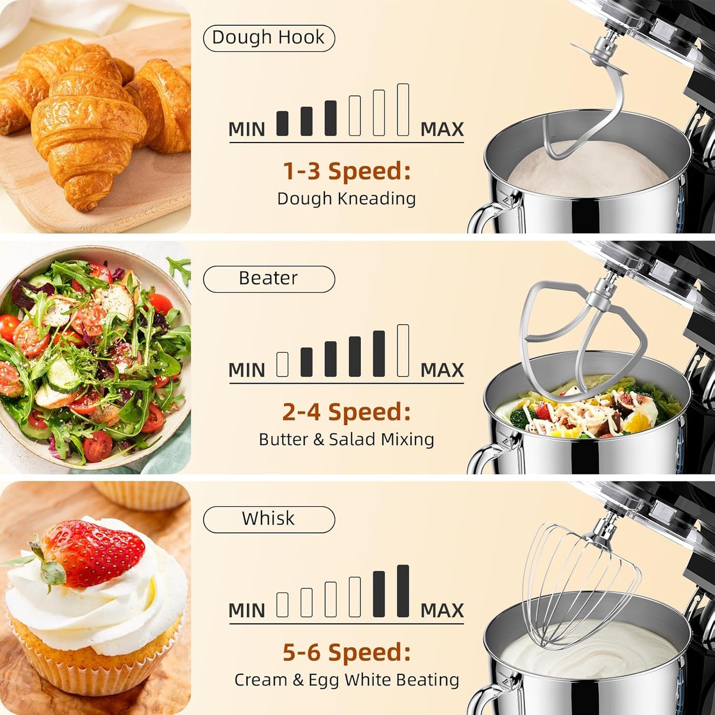 8.45 QT Stand Mixer - 660W 6 Speed Large Capacity Kitchen Electric Mixer with Whisk Dough Hook Mixing Beater Household Food Mixer for Baking Cakes Cookie Bread Salad (Black)