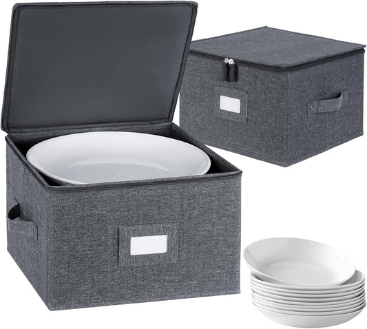 popoly China Storage Containers Hard Shell Inside 12" W x 8" H, Dinner Plate Storage Containers for Dishes, Dinnerware with 24 Felt Dividers, Hold 24 Plates, Stackable (2 Pack Grey)