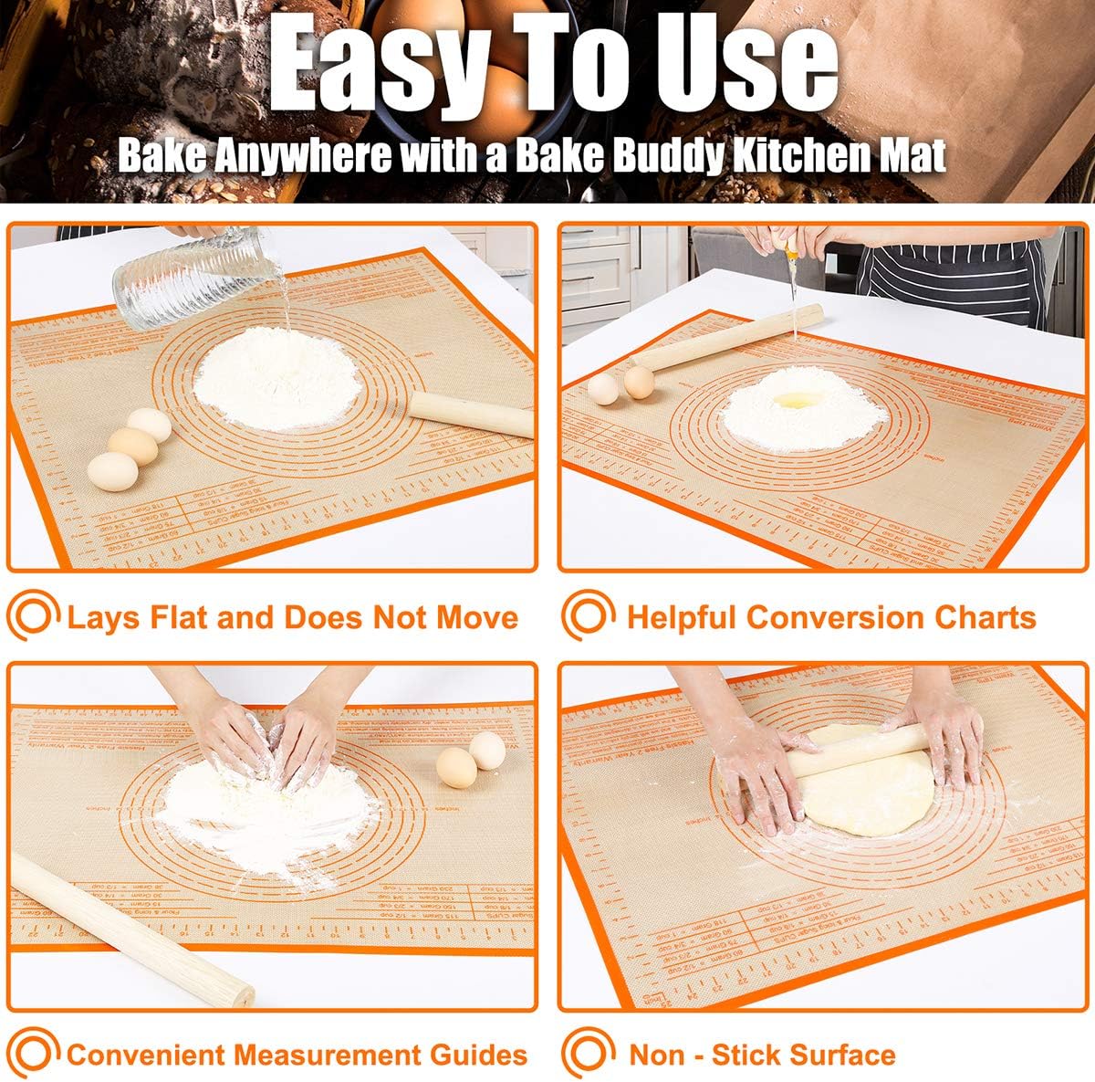 Silicone Pastry Mat 34'' By 26'' Extra Large Baking Mat with Measurements for Dough Rolling, Kneading Board, Kitchen Counter Mats, Perfect for Dough, Pastry, Fondant, Cookies, Bread, Pasta, Pizza