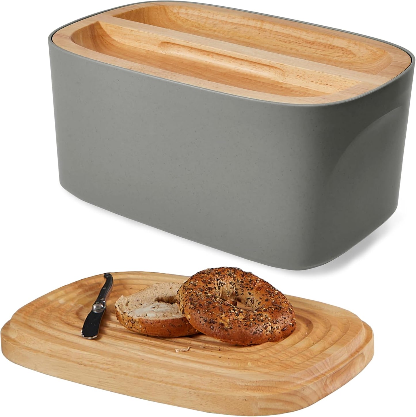 Sonder Los Angeles, Modern Bamboo Fiber and Recycled Plastic Bread Box (Charcoal) for Kitchen Countertop with Reversible Cutting Board Lid, Homemade Bread Bin Storage Container 14.25 x 9.25 x 7 in