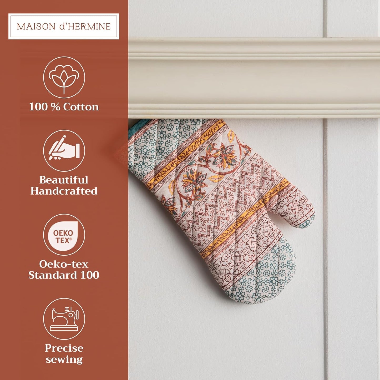 Maison d' Hermine Oven Gloves 100% Cotton Oven Mitt 7" x 13" with Loop Heat Resistant, BBQ, Cooking Gloves, Baking, Grilling, Kitchen, Handling Hot Pans (Pack of 1, Nila)