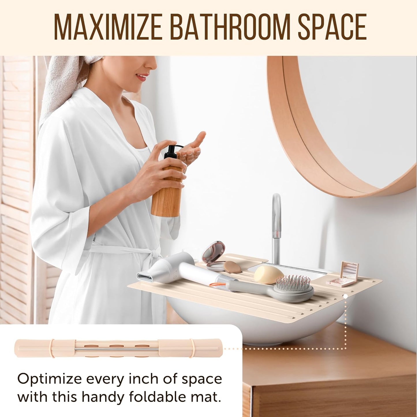 Maplefield Bathroom Sink Mat Cover - Small Beige Silicone - Heat Resistant up to 400°F - Foldable Oval Sink Cover & Makeup Mat with Raised Ridges