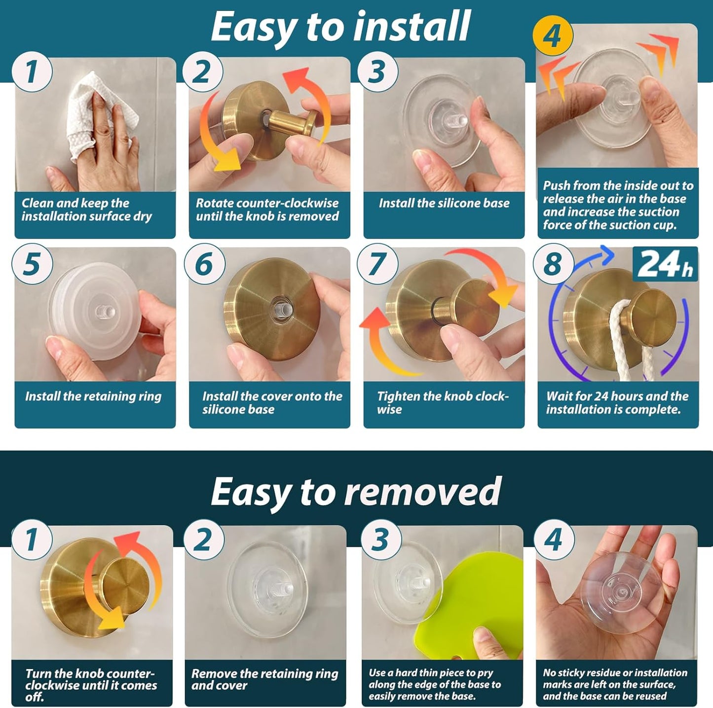 Suction Cup Hooks for Shower, 4 PCS No-Drill Towel Holder for Bathrooms Wall, Glass Door, Mirror, Tiles, Kitchen, Hold Robe & Wreath, Hanging up to 15 lbs – Waterproof & Rustproof, Loofah-Gold