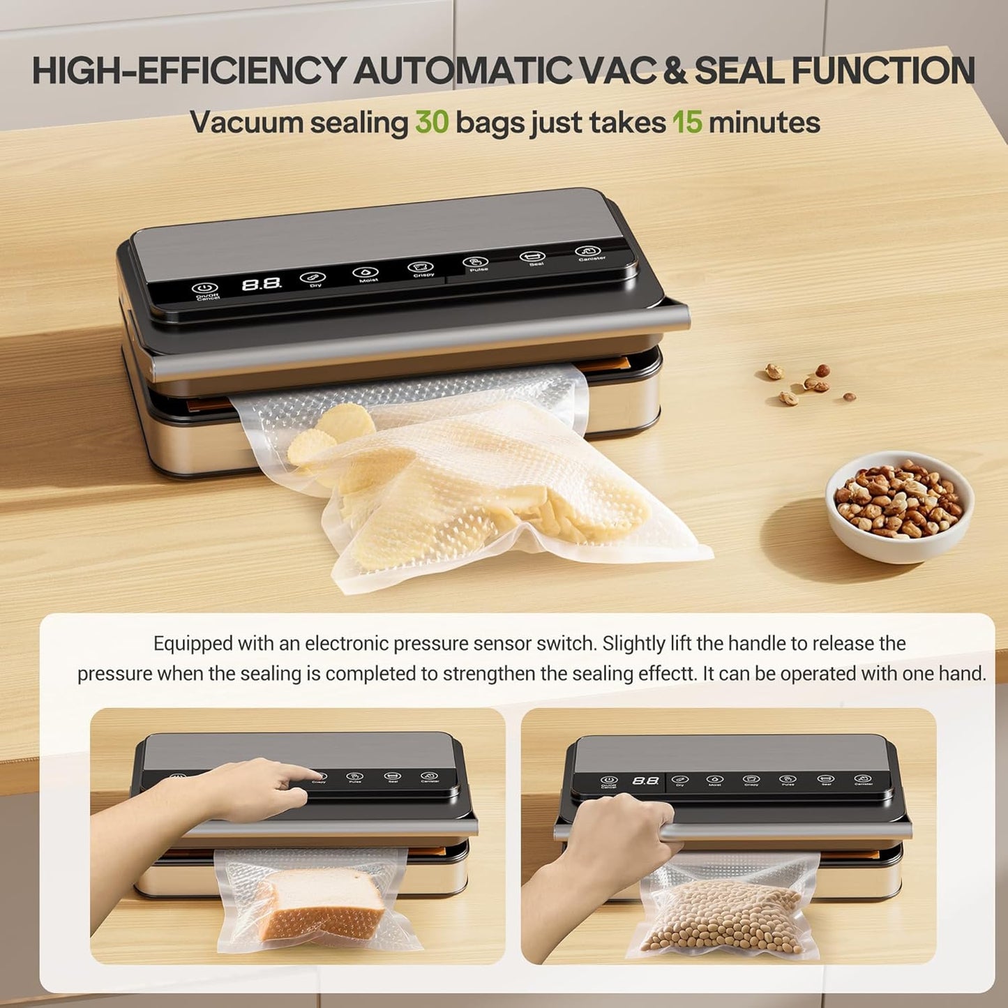 85Kpa Food Vacuum Sealer with Digital Timer, Built-in Cutter, and Storage Box