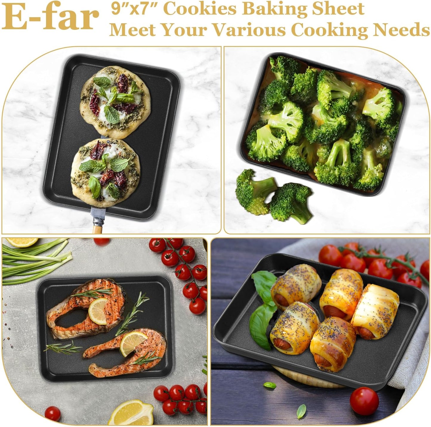 E-far Mini Toaster Oven Pan, 9x7x1 Inch Small Baking Sheet Tray for Cookies Cake, Nonstick Carbon Steel Baking Pan for Bacon Steak, Nontoxic & Easy Clean, Heat & Warp Resistant