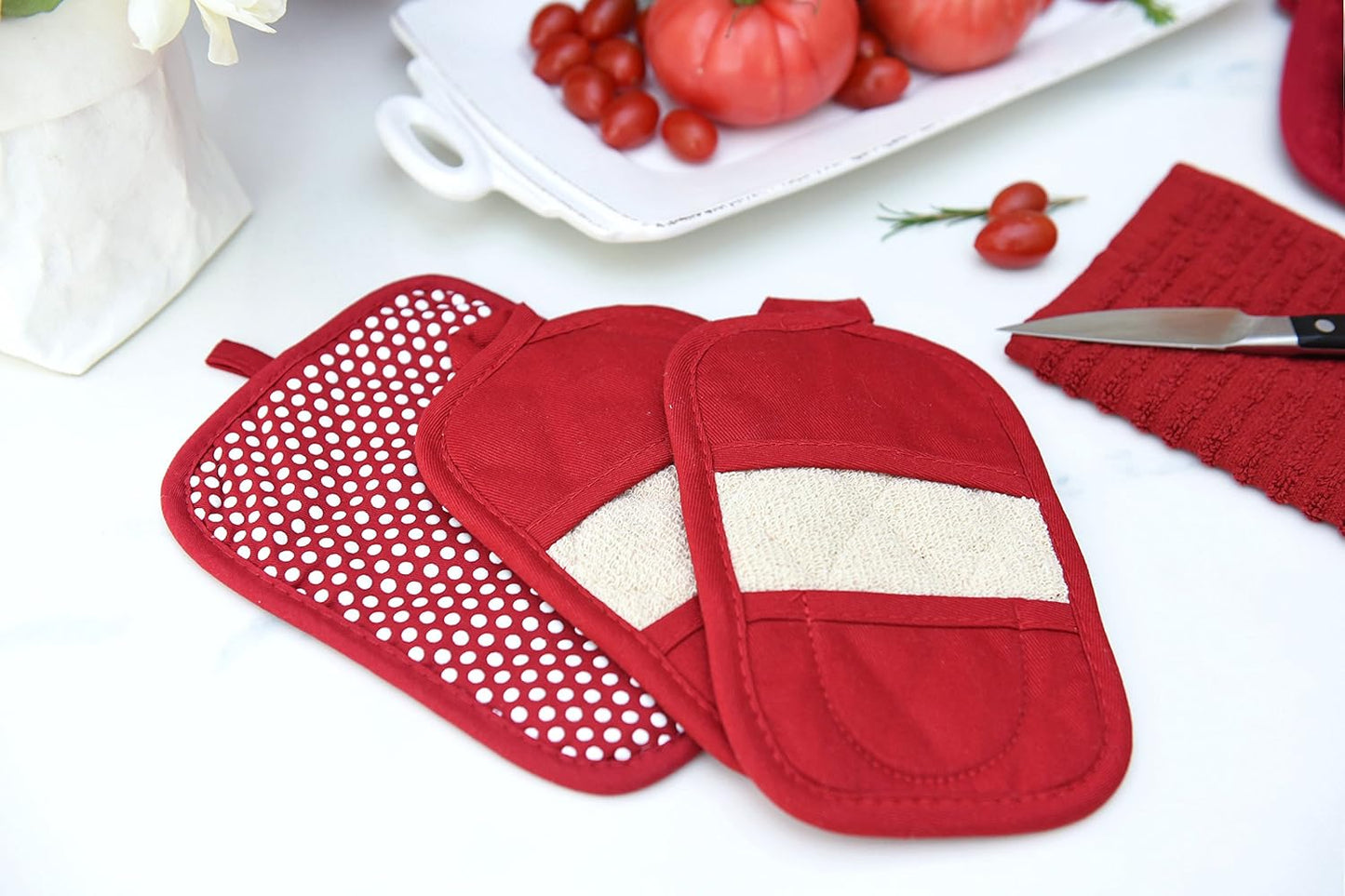 Ritz Premium Pot Holders & Heating Pads (4-Pack), 8.5" x 5.5", Heat Resistant, 100% Cotton Terry-Looped Pocket, for Kitchen and Barbeque, Paprika Red