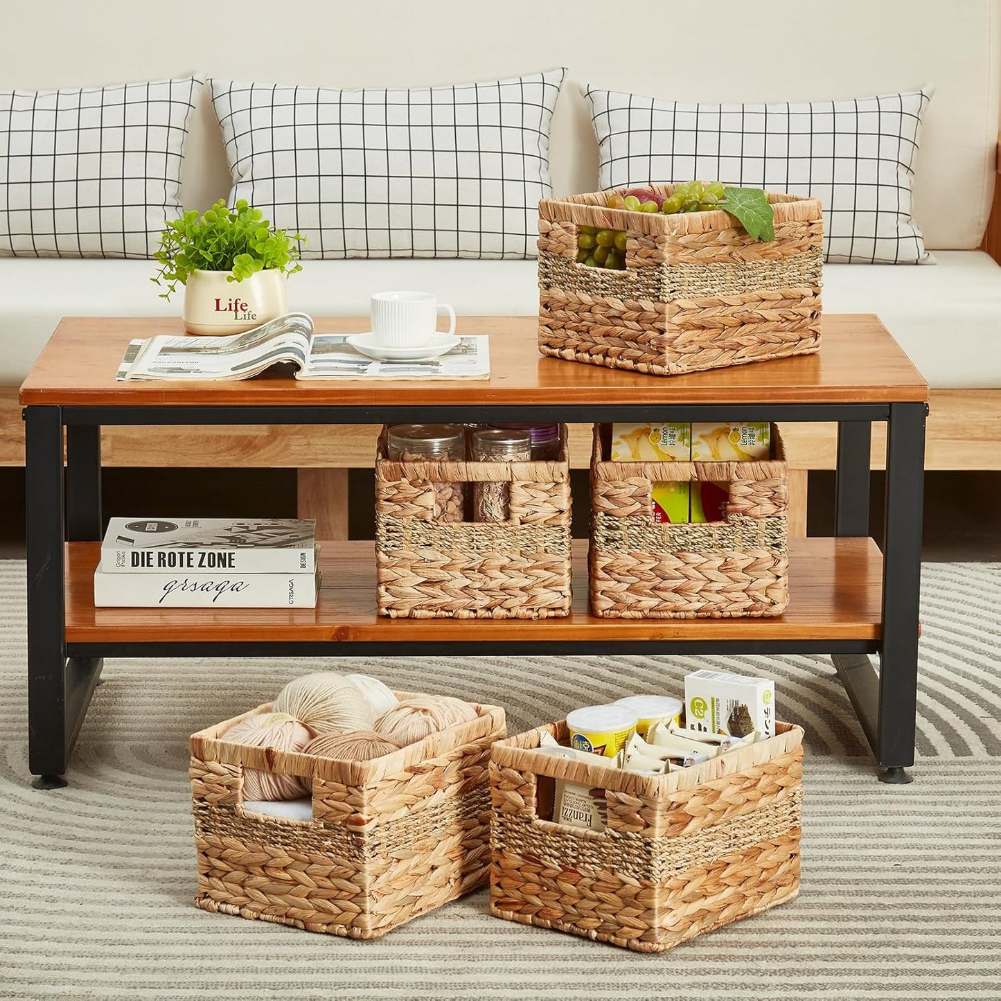 Hand-woven Water Hyacinth Baskets, Pantry Organizers and Storage with Handles, Decorative Wicker Baskets for Organizing Shelves, Laundry (10x8.5x7in 2-Pack, Natural Hyacinth)