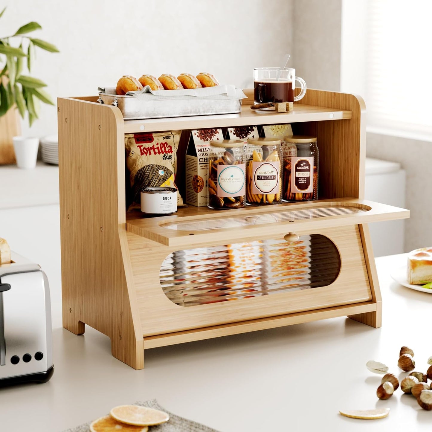 Bread Box for Kitchen Countertop,Double Layer Large Capacity Bamboo Bread Storage Container with Acrylic Wavy Door Panel for Kitchen Counter,Cabinet,Pantry(Natural Bamboo)