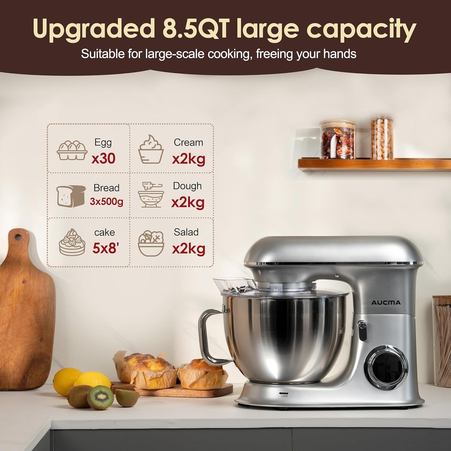 Aucma Stand Mixer,8.5QT 900W Kitchen Mixer, Large Capacity Kitchen Electric Mixers with Dough Hook, Wire Whip & Beater