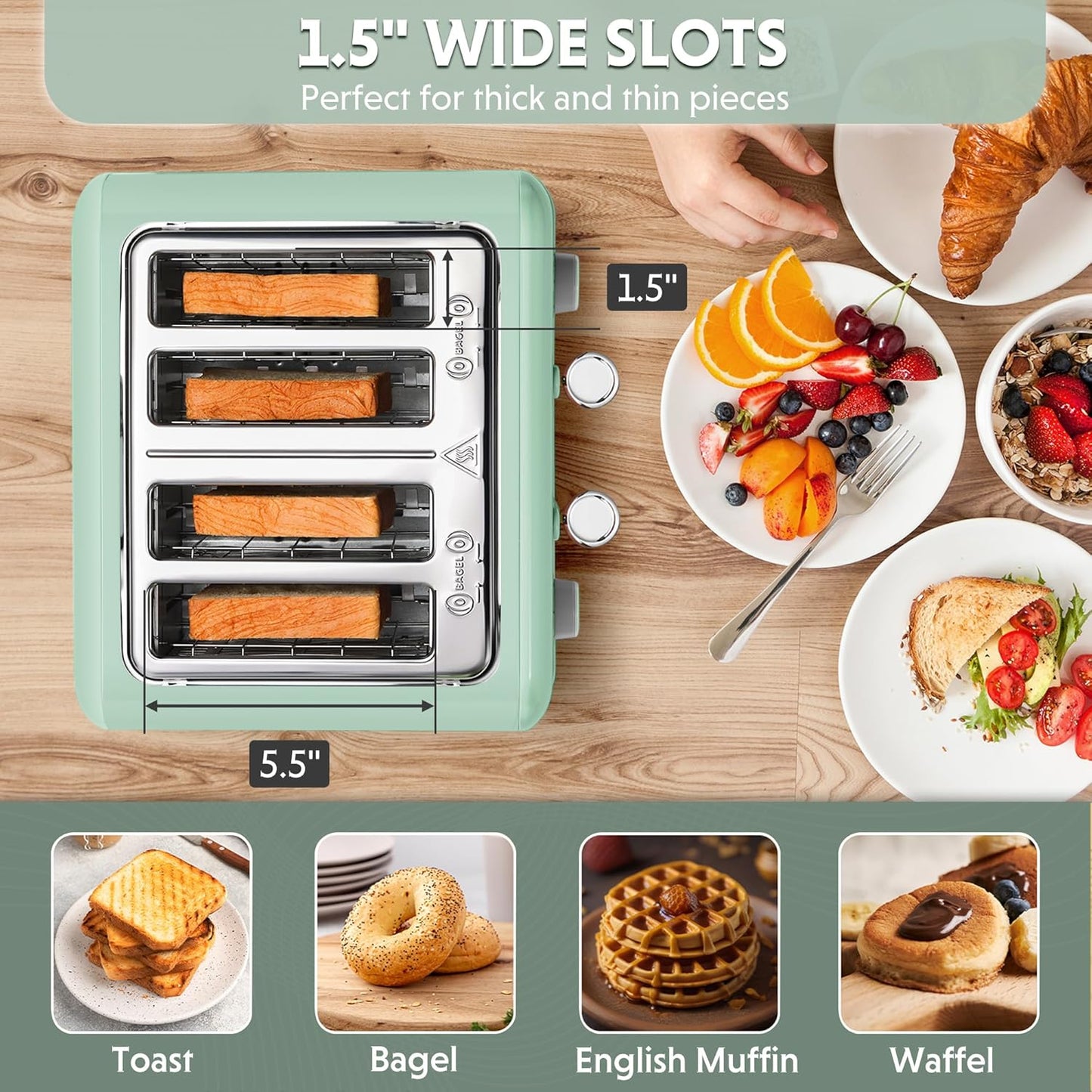 BUYDEEM DT640 Retro 4 Slice Toaster, 7 Shade Settings, Extra Wide 1.5'' Slots, Stainless Steel Toaster with Bagel Muffin Defrost Reheat Function, Green