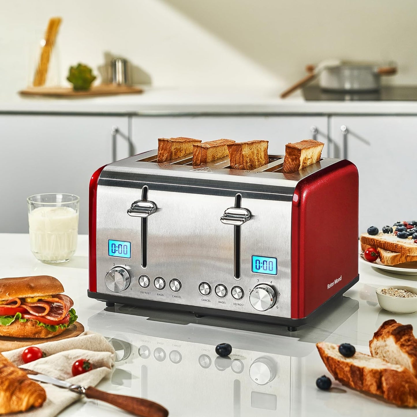 Countdown Stainless Steel 4 Slice Toaster with Bagel, Defrost, Cancel Function, Dual Toaster, Extra Wide Slots, 6 Shade Settings, Removable Crumb Trays, 1650W, Red