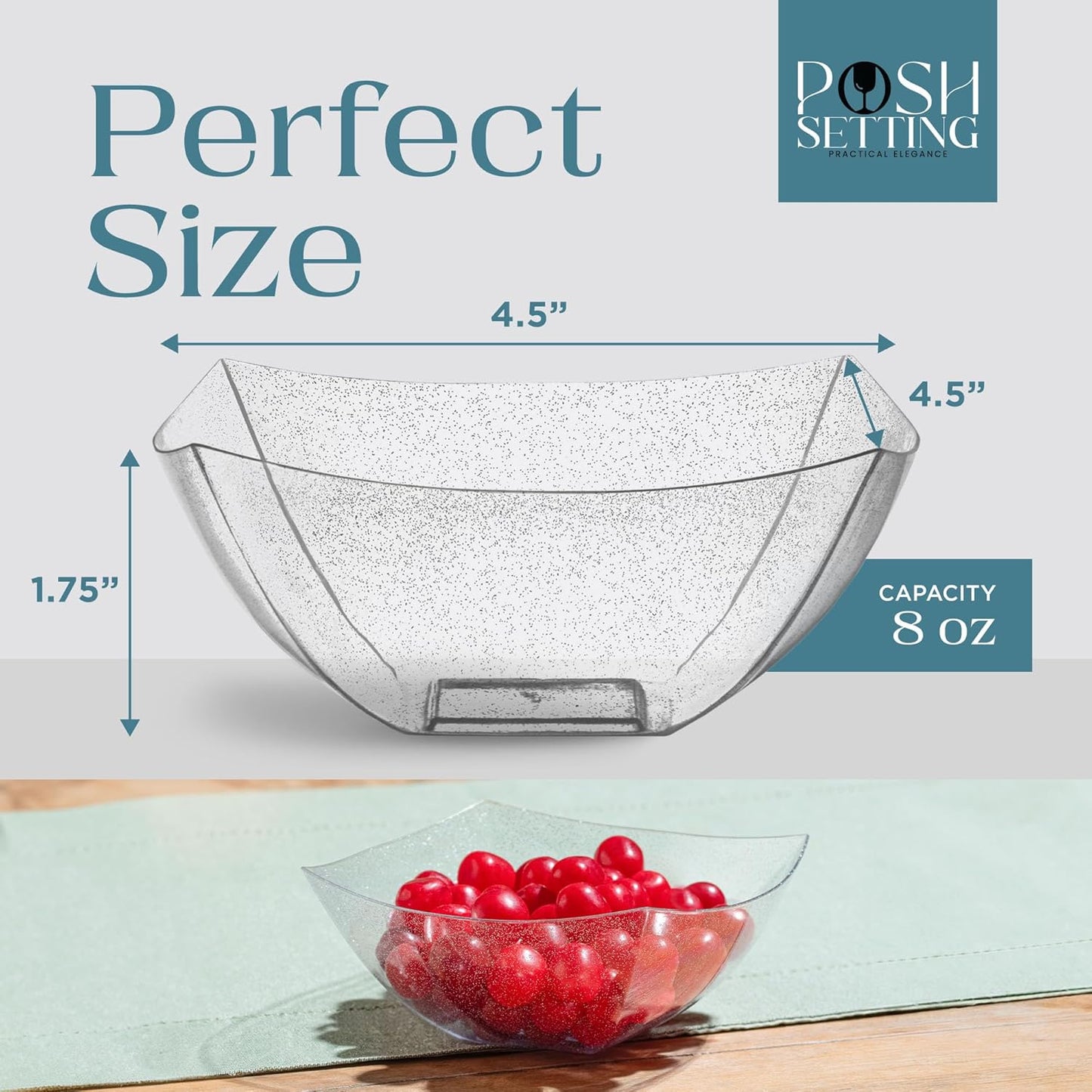 Posh Setting - Silver Glitter Plastic Serving Bowls for Party (8oz - 4 Pack) Square Bowls, Disposable Chip Bowls, Candy Bowls for Party Table, Salad Bowls for Party, Candy Containers for Candy Buffet