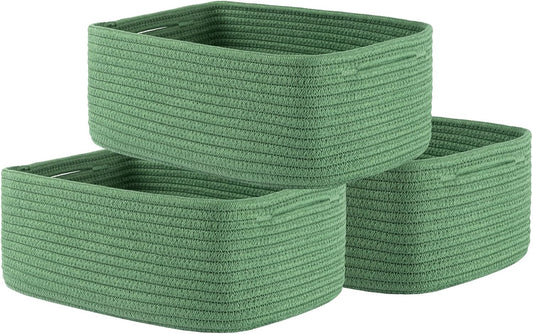 Small Woven Basket, 13.5 x 9.5 x 5 Inches, Storage Basket for Organizing, Cute Small Rope Shelf Closet Cube Storage Bins Baskets for Shelves, Dog Toy Gift Baskets Empty, 3 Pack, Green