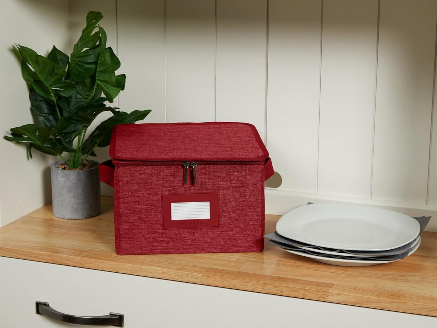 Covermates Keepsakes Dish Storage Box - Stackable, Reinforced Handles, China Storage, Red Heather