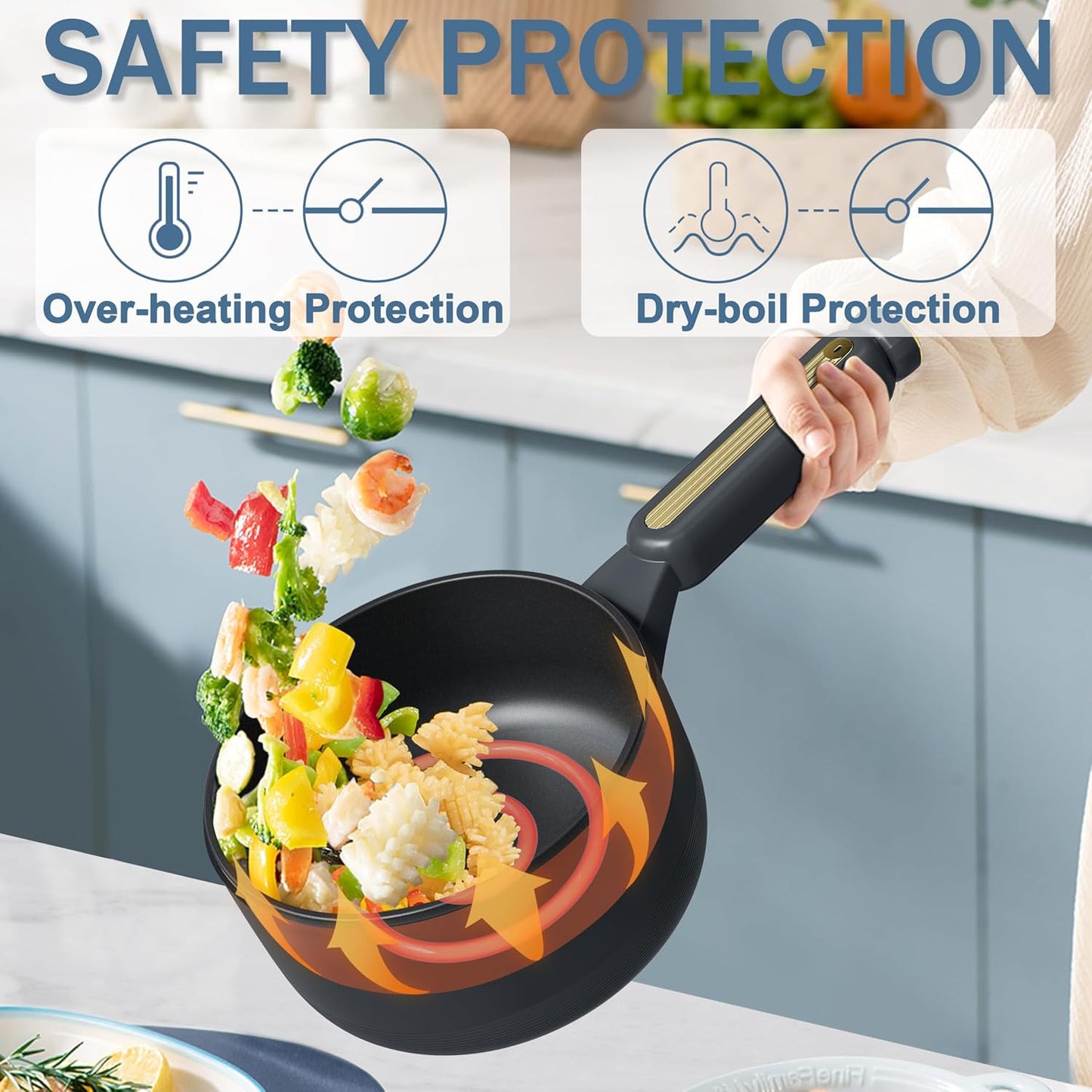 TOPWIT Hot Pot Electric, 2L Electric Pot, Non-Stick Sauté Pan, Portable Cooker for Steak, Egg, Fried Rice, Ramen, Soup with Dual Power Control (Silicone Spatula Included), Grey