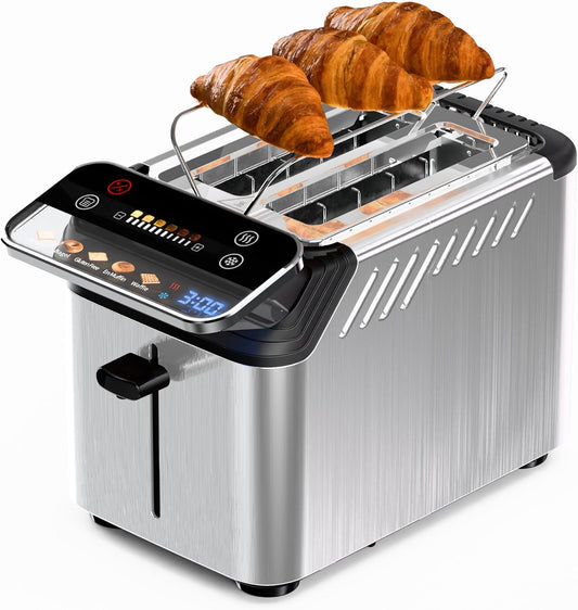 WHALL Toaster 2 Slice, Touch Screen Toasters with Projection Display, 1.5" Wide Slot, 5 Bread Types & 11 Shade Settings, Digital Timer, Warming Rack, Crumb Tray, Reheat/Defrost, Silver