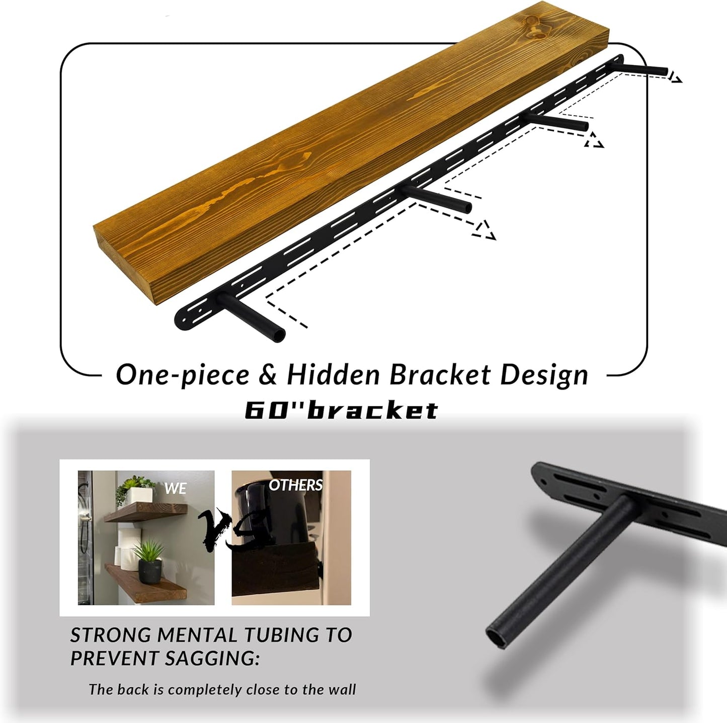 Rusitc Floating Shelves 60 inch Long 8 "deep Set of 2, Heavy Duty Wood Wall Mounted Shelves for Bathroom Living Room Kitchen,Book Shelves with Thickened Hidden Bracket-Gold Oak