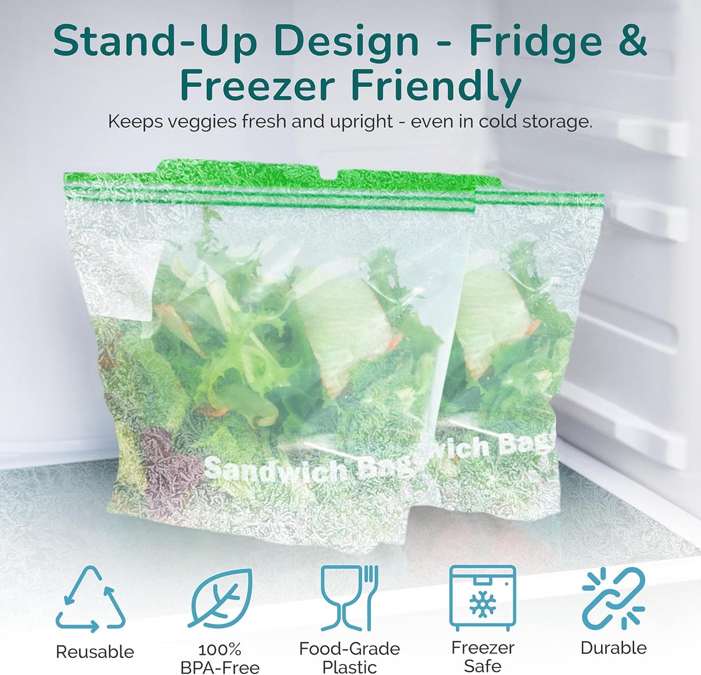 J&&J Fresh Sandwich Zipper Bags, 50 Pack — Reusable, BPA-Free, Leakproof — Expandable Bottom, Microwave-Safe, Strong Seal with Zipper Lock — Food Storage For Freezer, Fridge, Lunch, Durable & Washable