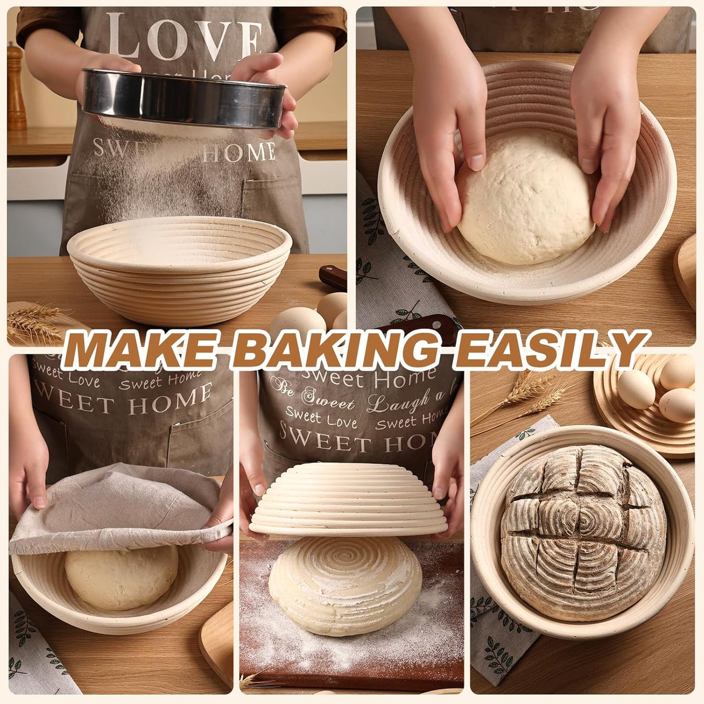 Banneton Bread Proofing Basket Set of 4PCS 6 Inch Round Sourdough Dough Proofing Bowls for Sour Dough Bread Baking Supplies, Proofing Basket or Home Sourdough Bakers Baking