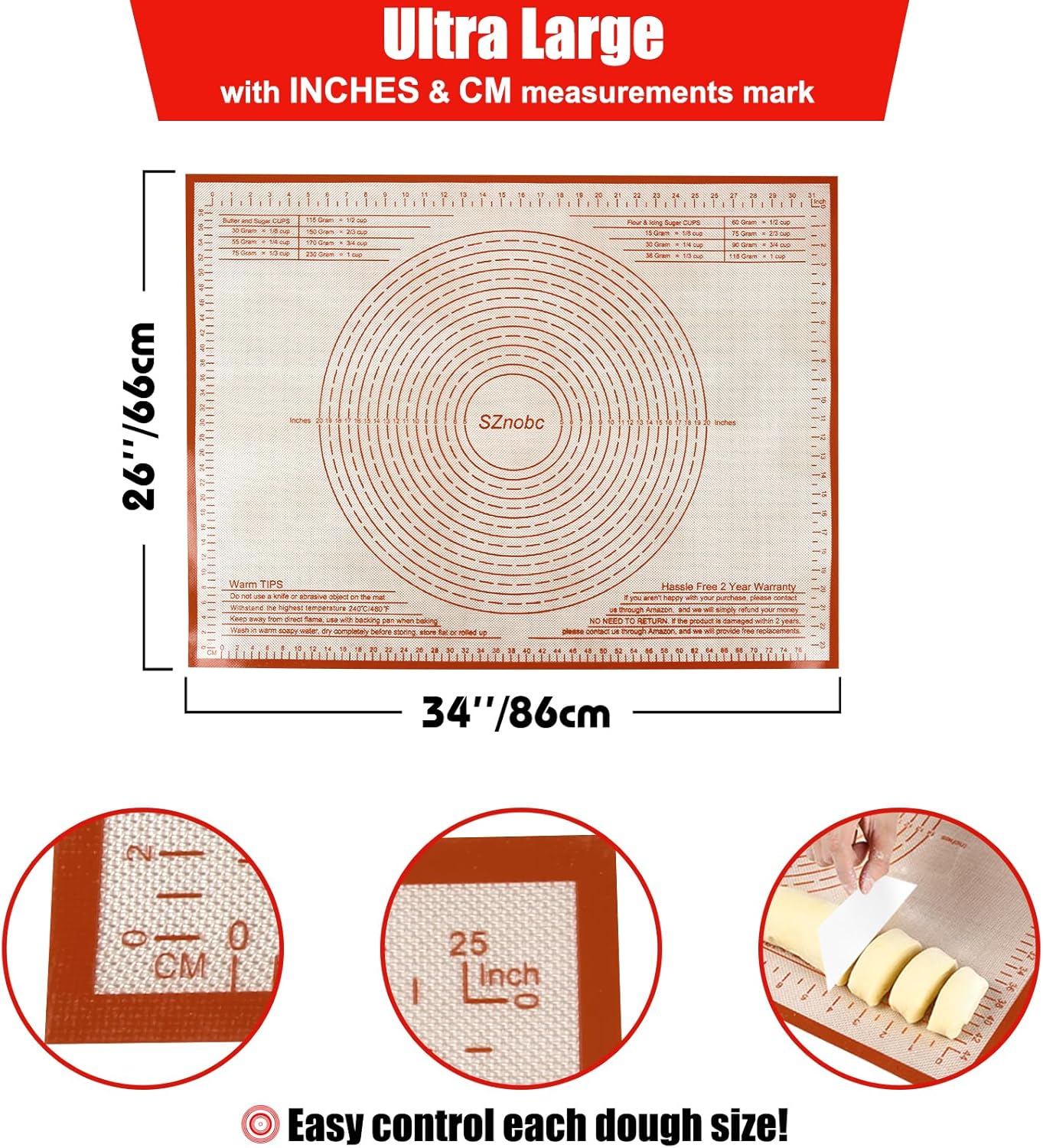 Silicone Pastry Mat 34X26 Inch Extra Large Baking Mat with Measurements for Dough Rolling, Kneading Board, Kitchen Counter Mats for Dough, Pastry, Fondant, Pie Crust, Cookies, Bread, Pasta, Pizza