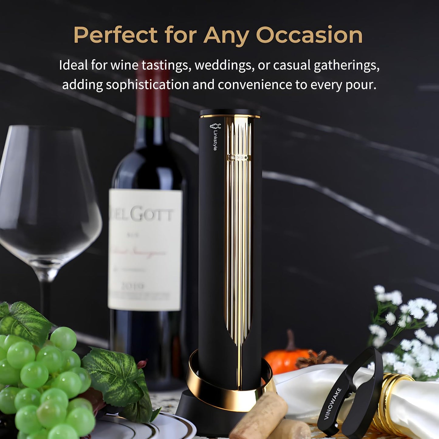 VINOWAKE Openero Electric Wine Opener By LINKSTYLE — Rechargeable Battery with Charging Base, Precision Steel Foil Cutter, Luxurious Matte Finish