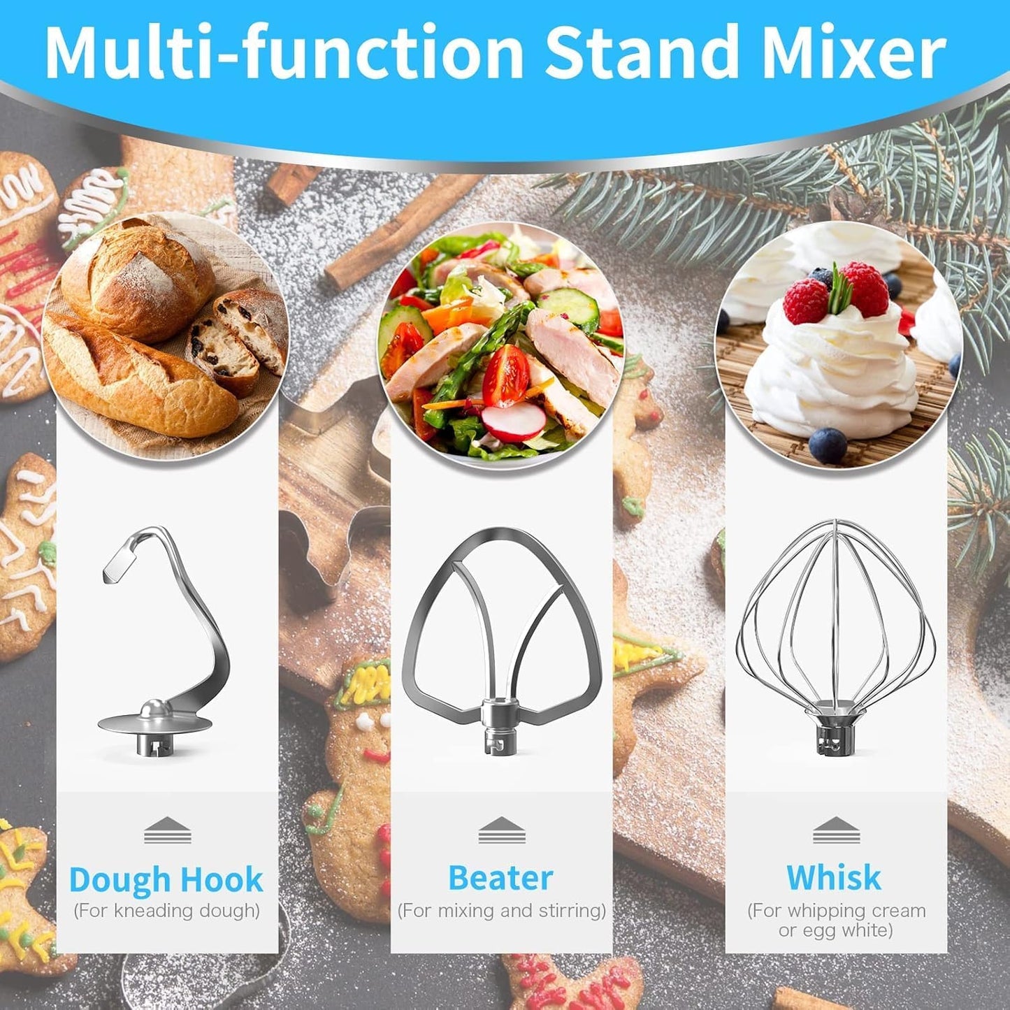 Vospeed 9 IN 1 Stand Mixer, 850W Tilt-Head Multifunctional Electric Mixer with 8 QT Stainless Steel Bowl, 1.5L Glass Jar, Meat Grinder, Hook, Whisk, Beater Dishwasher Safe (Blue)