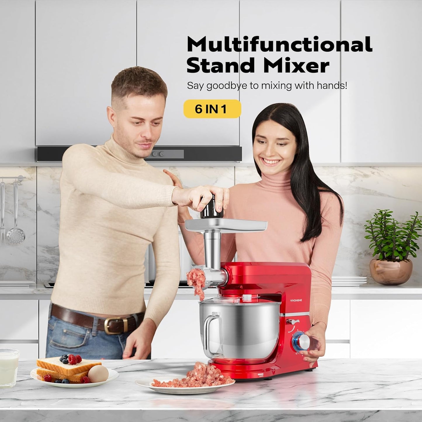 VIVOHOME 6 in 1 Multifunctional Stand Mixer with 8.5 Quart Stainless Steel Bowl, 660W 10 Speed Tilt-Head Meat Grinder, Juice Blender, Vegetable Slicer, Pasta and Cookie Maker, Red