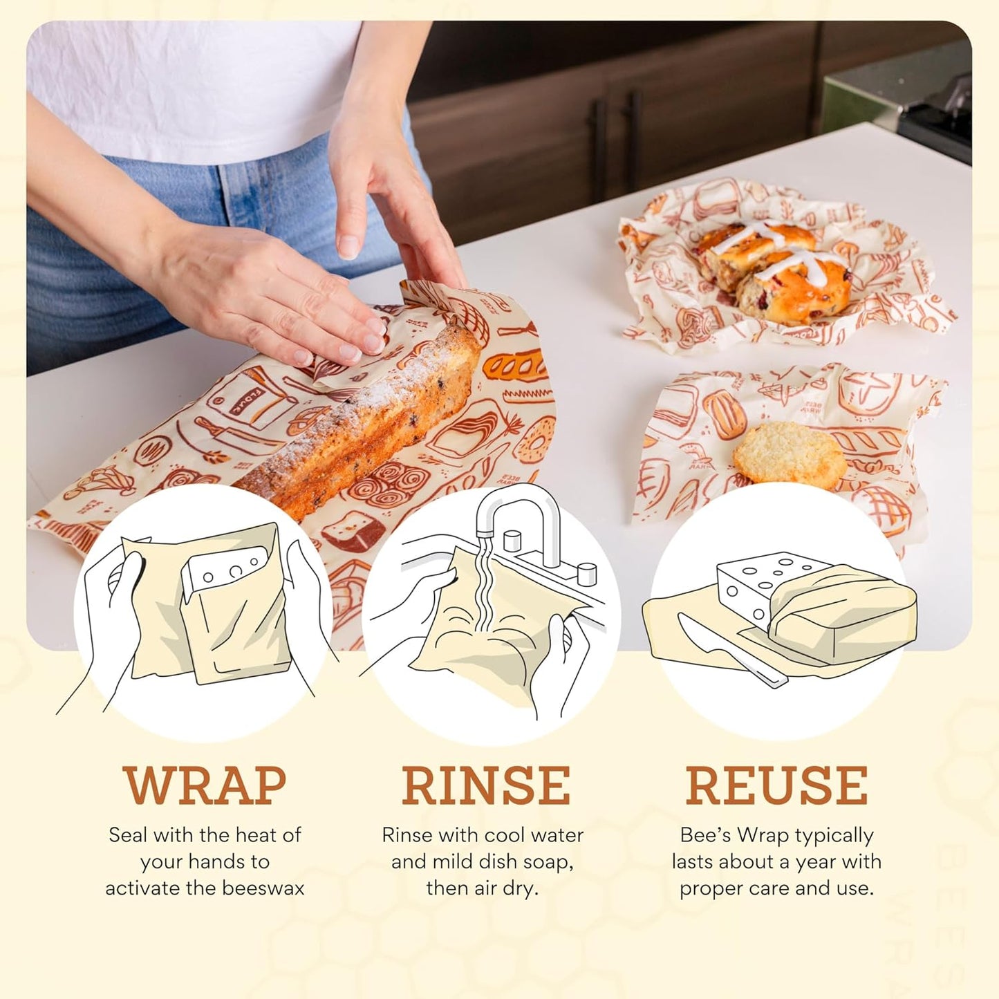 Bee's Wrap Beeswax Wraps for Food - Bakery Lane 3 Pack (S, M, L) Made in USA Reusable & Organic Food Wraps, Sandwich Wrap & Bowl Covers - Eco-Friendly Alternative to Aluminum Foil & Plastic Wrap