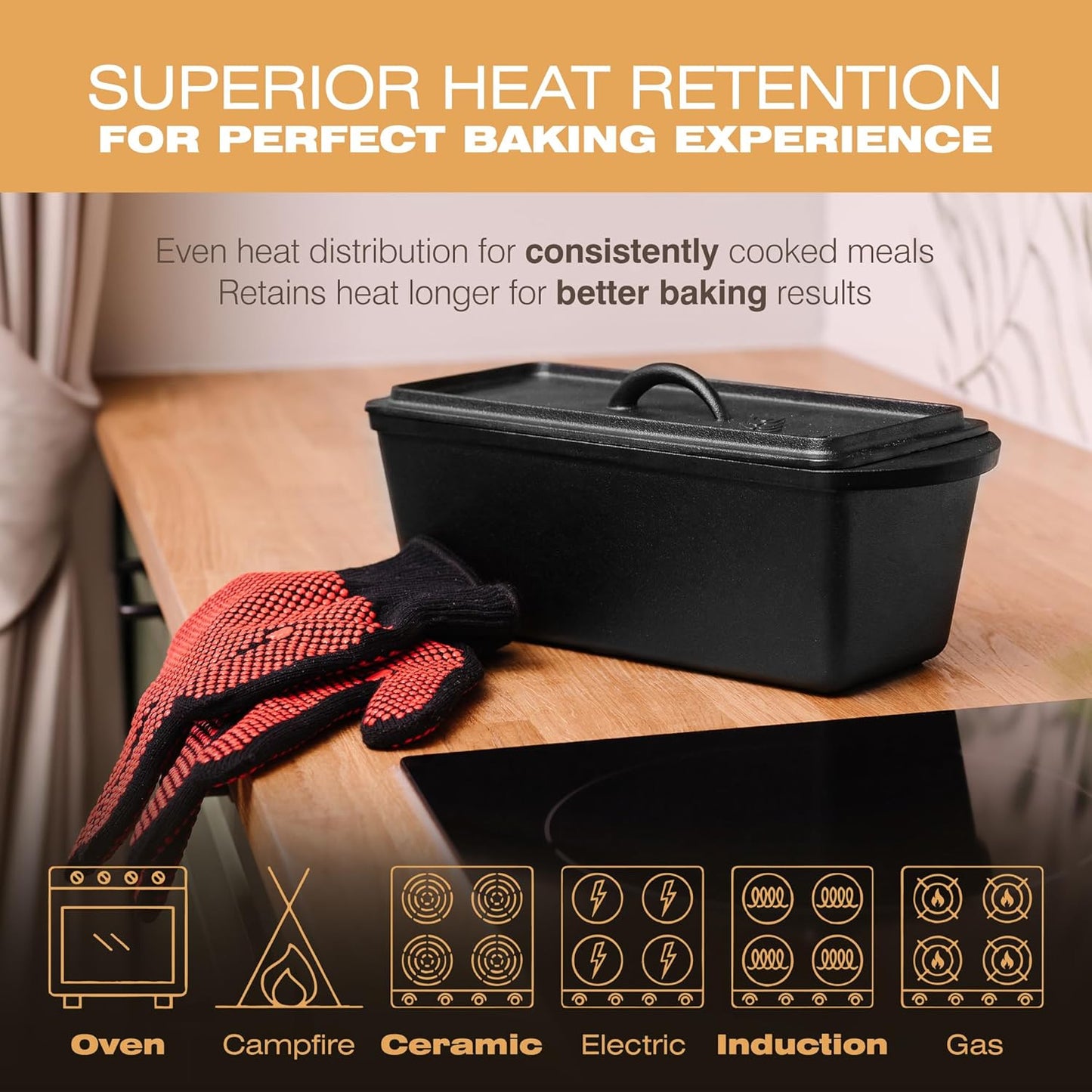 KUHA Cast Iron Bread Loaf Pan with Lid + Heat Resistant Gloves - Pre-Seasoned Cast Iron Bread Pan with Handles - Oven-safe bread pans for homemade bread - Ideal Loaf Pans for Campfire or Home Kitchen