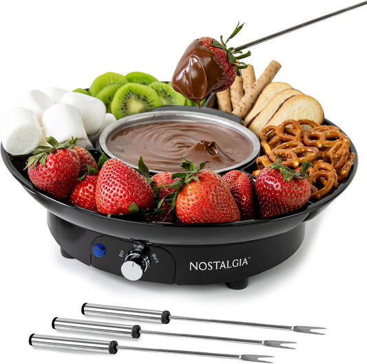 Nostalgia Electric Fondue Party Set – 10 oz Melting Pot, 4 Roasting Forks, & Detachable Serving Tray – Melted Cheese, Chocolate, or Dessert – Perfect for Gifts, Parties, Date Night – Black