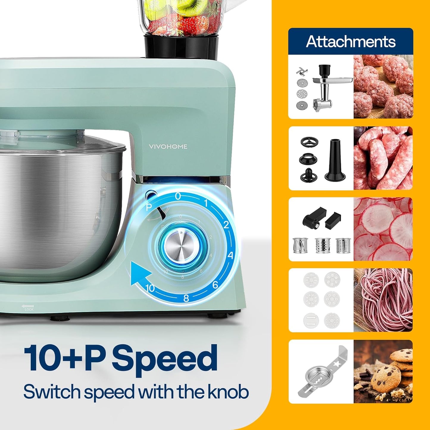 VIVOHOME 6 in 1 Multifunctional Stand Mixer with 8.5 Quart Stainless Steel Bowl, 660W 10 Speed Tilt-Head Meat Grinder, Juice Blender, Vegetable Slicer, Pasta and Cookie Maker, Blue