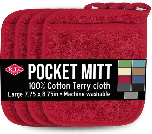 RITZ Terry Pocket Mitt & Hot Pad: Unparalleled Heat Resistant, Durable 100% Cotton,Ergonomically Designed for Optimal Grip, Easy-Care Machine Washable 4-Pack, Paprika Red