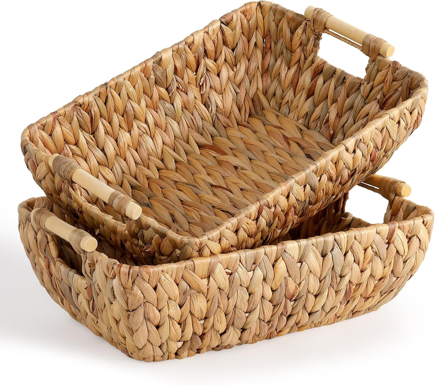Water Hyacinth Storage Baskets with Wooden Handles，Large Wicker Baskets for Organizing Set of 2