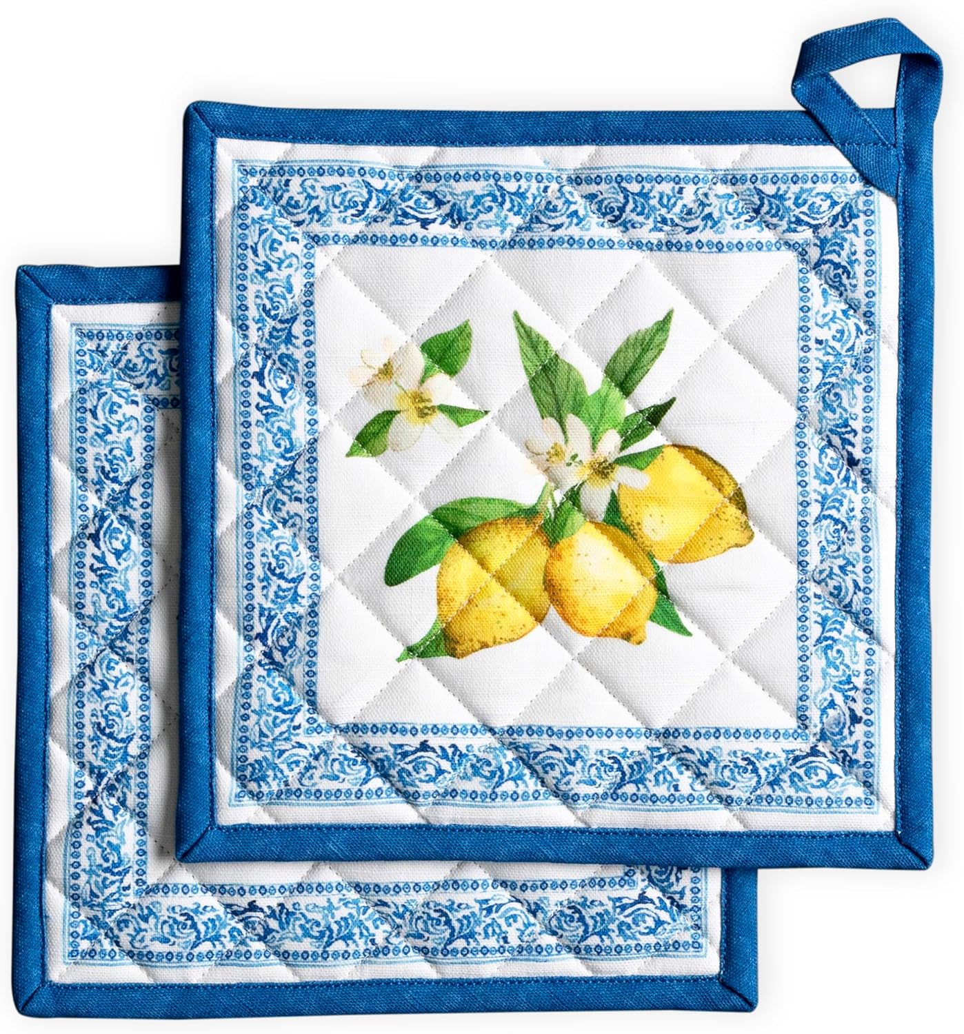 Maison d' Hermine Pot Holders Set 100% Cotton Heat Resistant Potholders 8" x 8" Hot Pads with Loop BBQ, Cooking, Baking, Grilling, Kitchen, Handling Hot Pans Spring/Summer (Pack of 2, Cedrat)