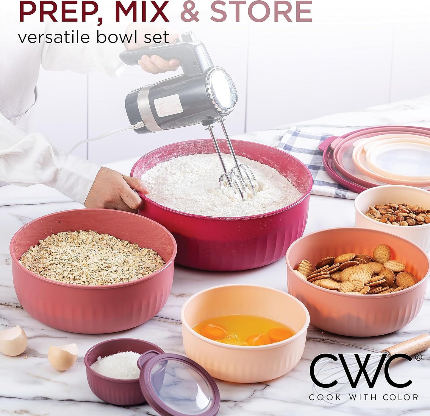 COOK WITH COLOR Prep Bowls with Lids- Wide and Deep Nesting Plastic Small Mixing Bowl Set with Lids, 12 Piece Set - Wide Bowls, Rose