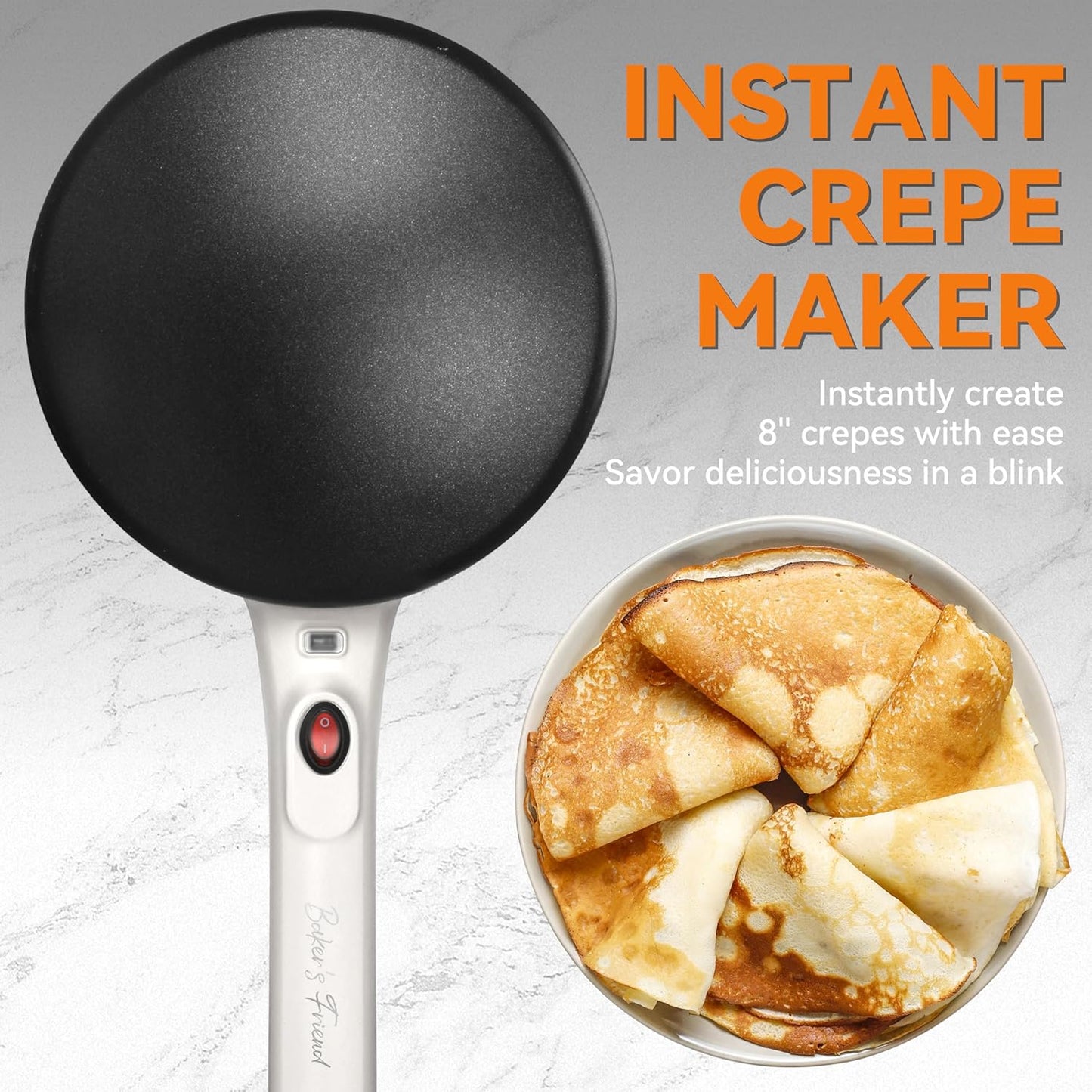 Baker's Friend Instant Crepe Maker with Handle, Electric Crepe Maker Machine, Crepera Electrica, 8 Inch Non-stick Cooking Surface, Creamy White