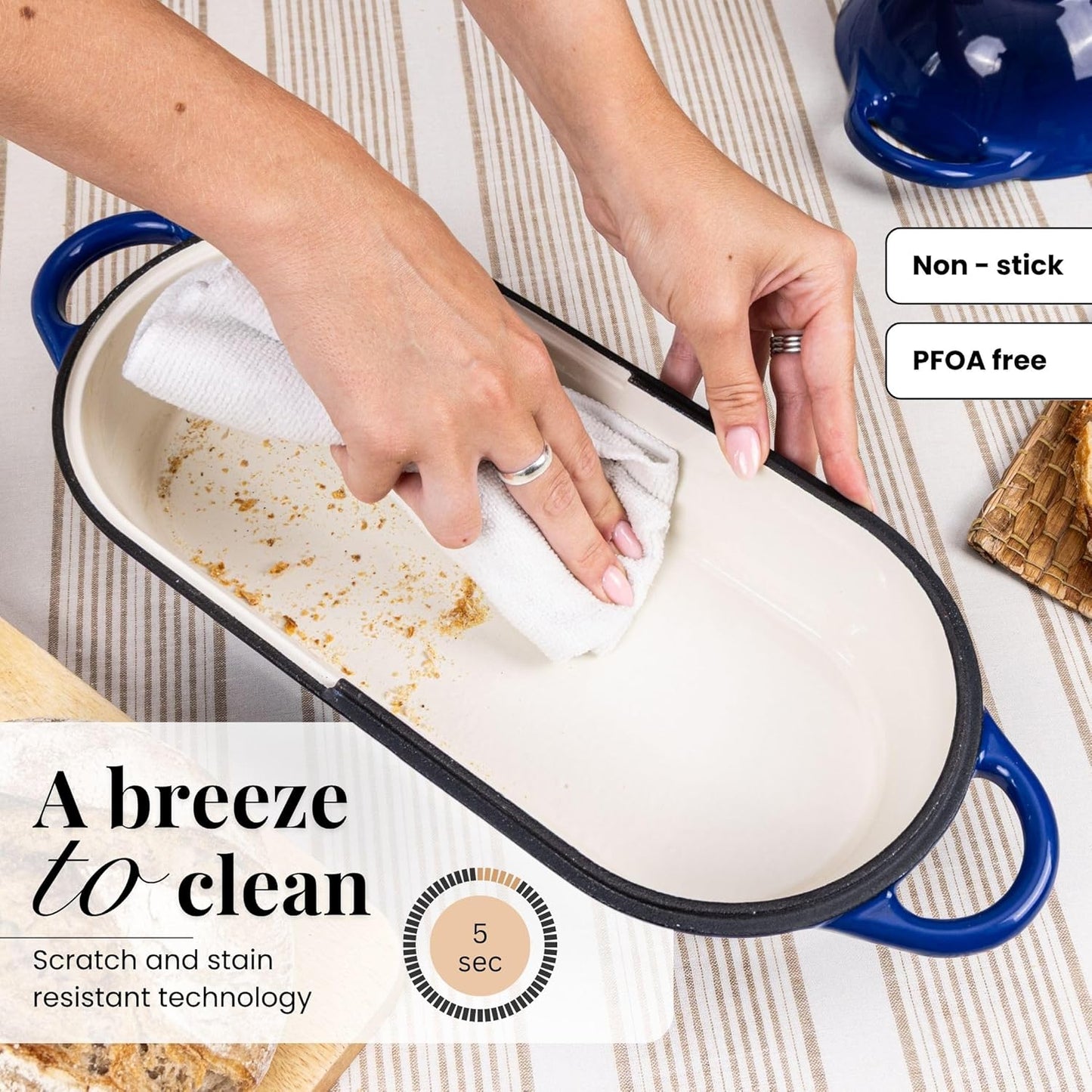 Enamelled Cast Iron Bread Loaf Pot – Dutch Oven For Sourdough Bread Baking – Oven Safe Non Stick Bread Pot – Rectangular, Dark Blue, 34cm x 16cm – by Nuovva