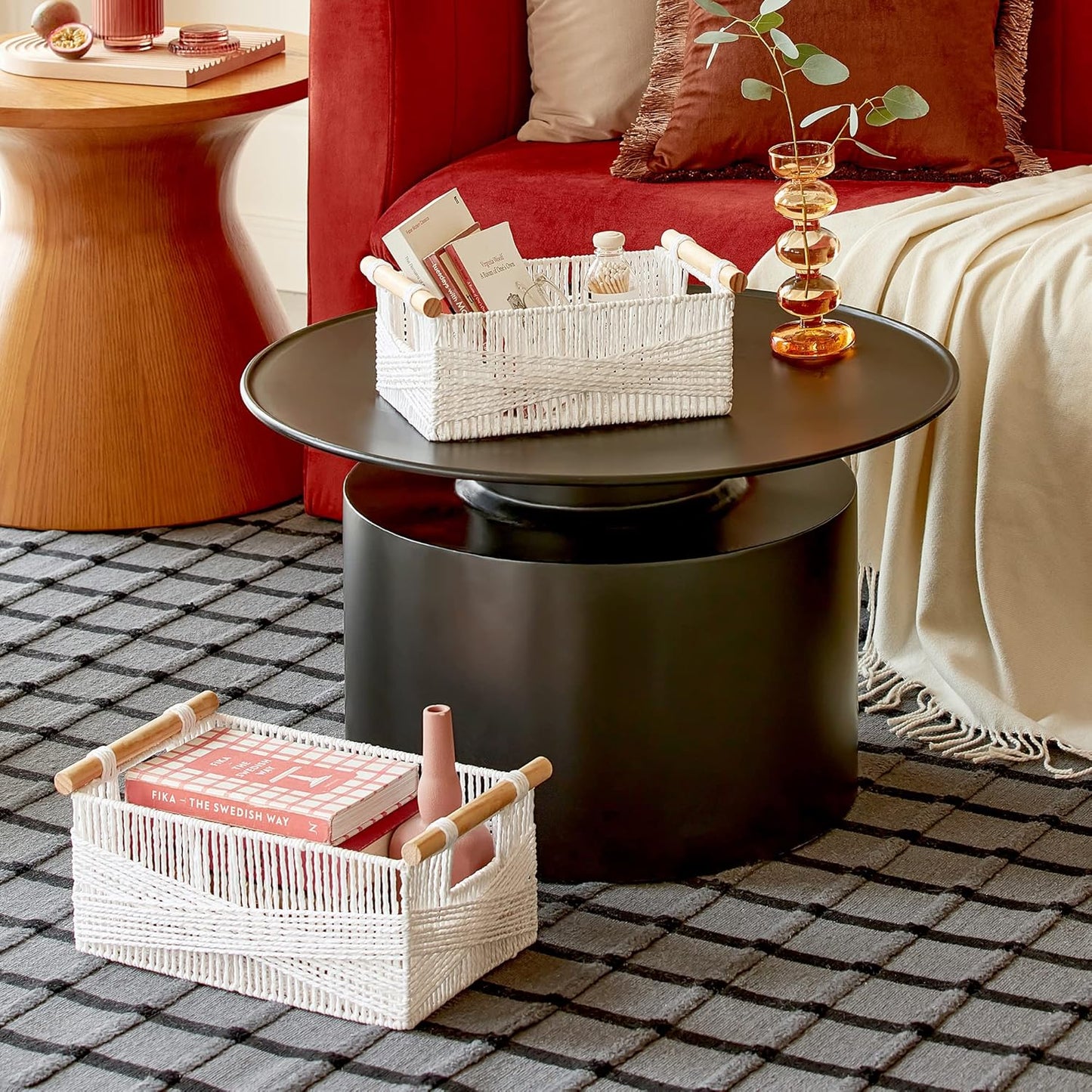 LA JOLIE MUSE Wicker Storage Baskets for Organizing, Recyclable Paper Rope Basket with Wood Handles, Decorative Hand Woven Basket Organizers for Makeup Books Shelves Living Room, White, Set of 2